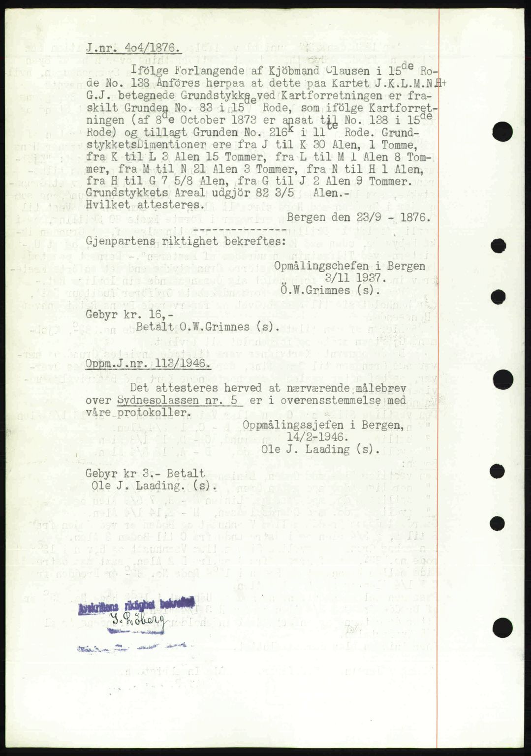 Byfogd og Byskriver i Bergen, SAB/A-3401/03/03Bc/L0022: Mortgage book no. A18, 1946-1946, Diary no: : 1052/1946