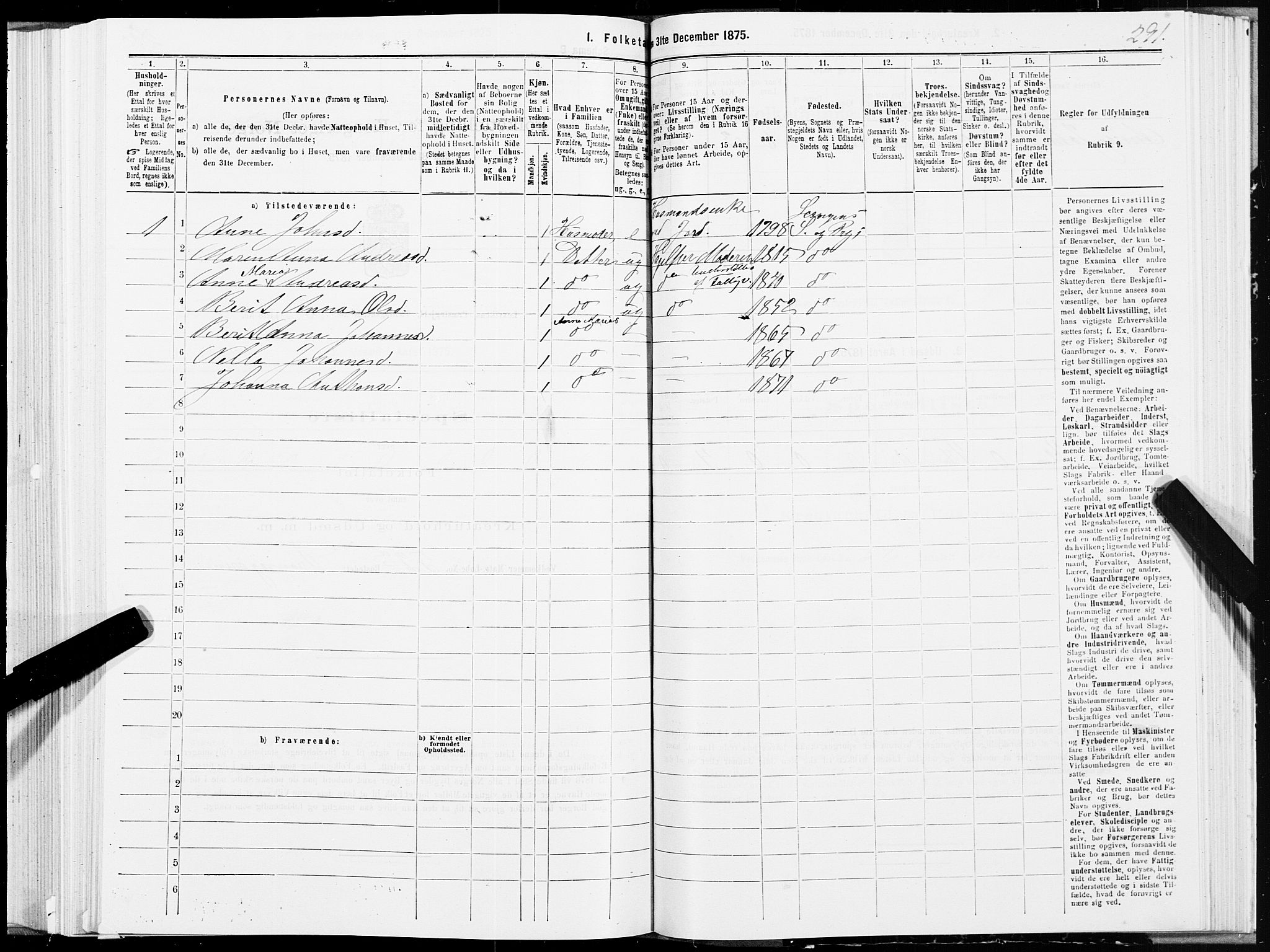 SAT, 1875 census for 1718P Leksvik, 1875, p. 1291