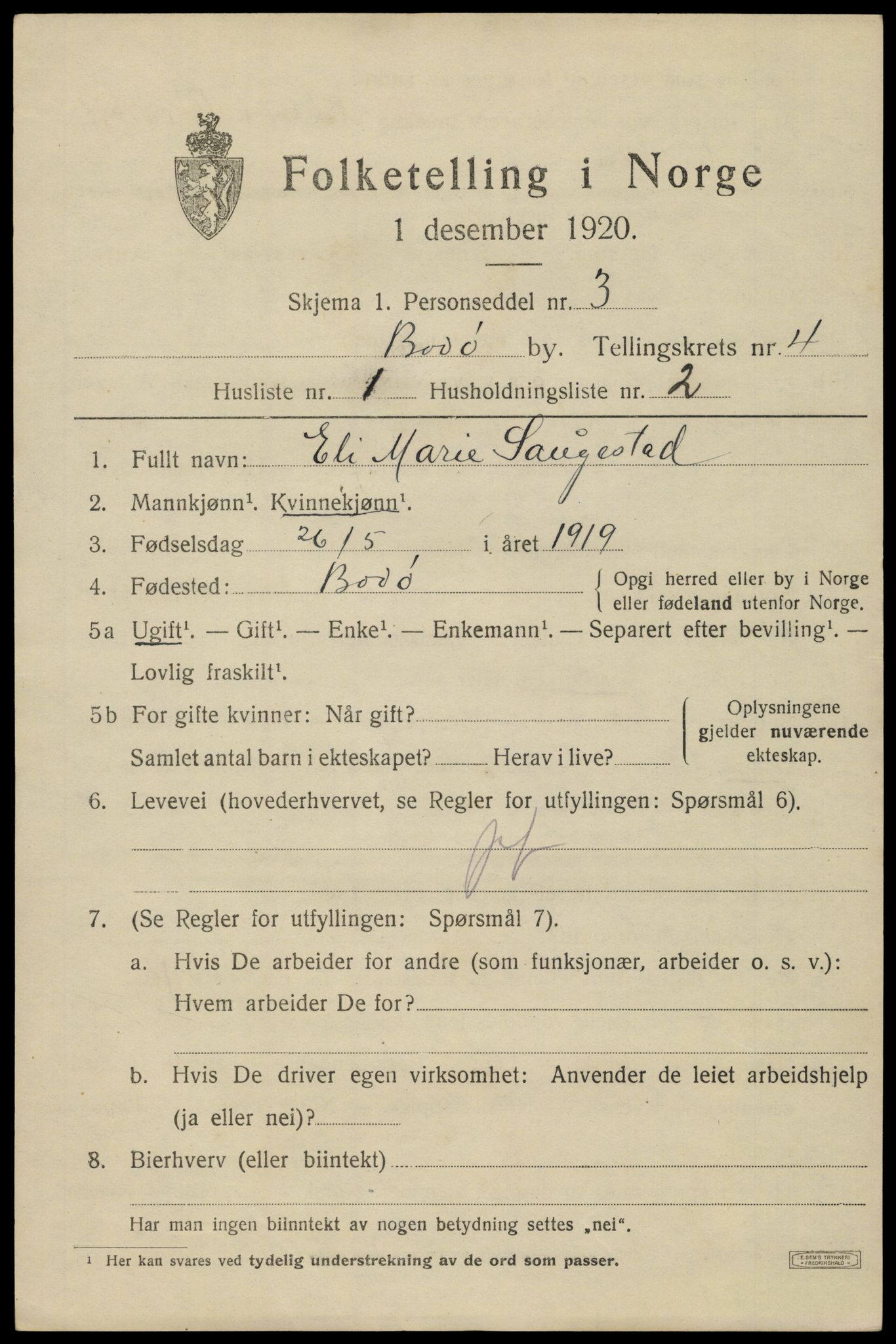 SAT, 1920 census for Bodø, 1920, p. 7003