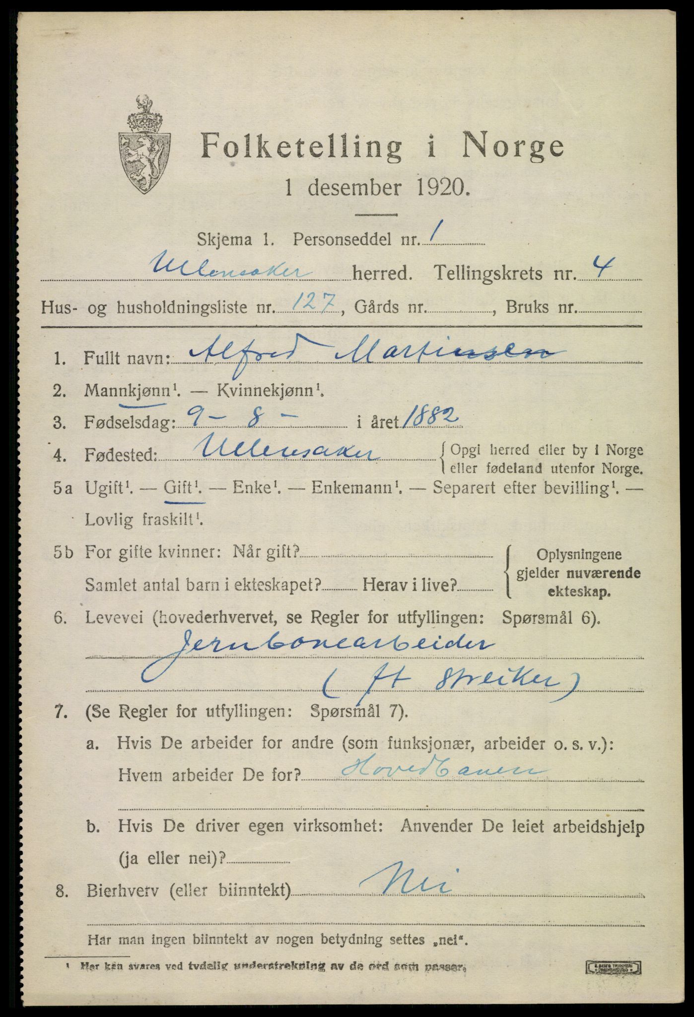SAO, 1920 census for Ullensaker, 1920, p. 8807