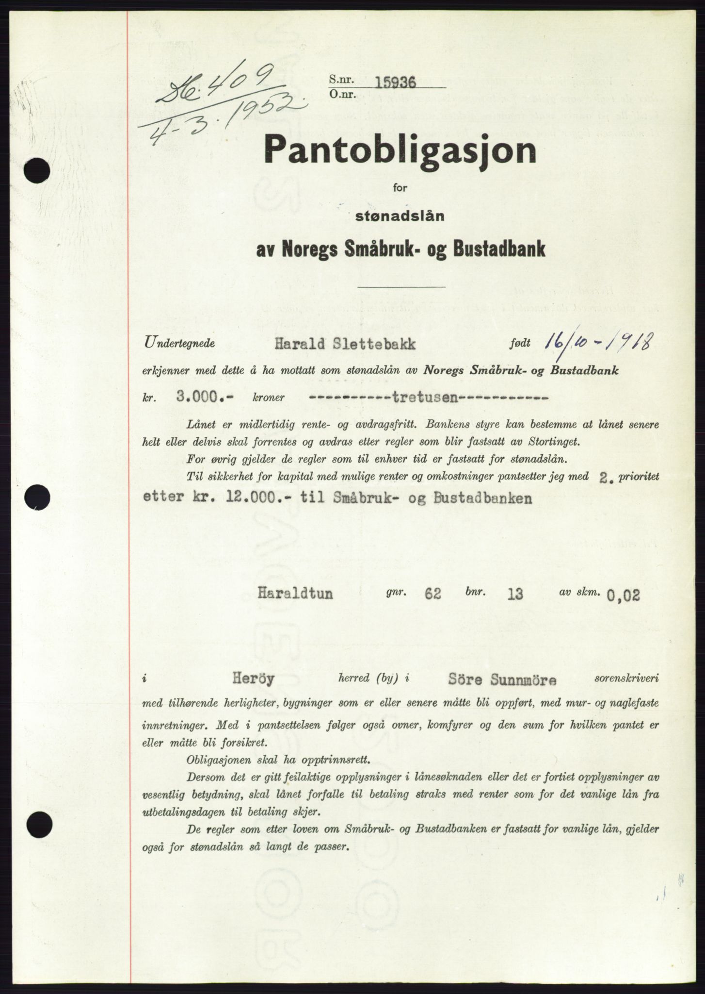 Søre Sunnmøre sorenskriveri, AV/SAT-A-4122/1/2/2C/L0121: Mortgage book no. 9B, 1951-1952, Diary no: : 409/1952