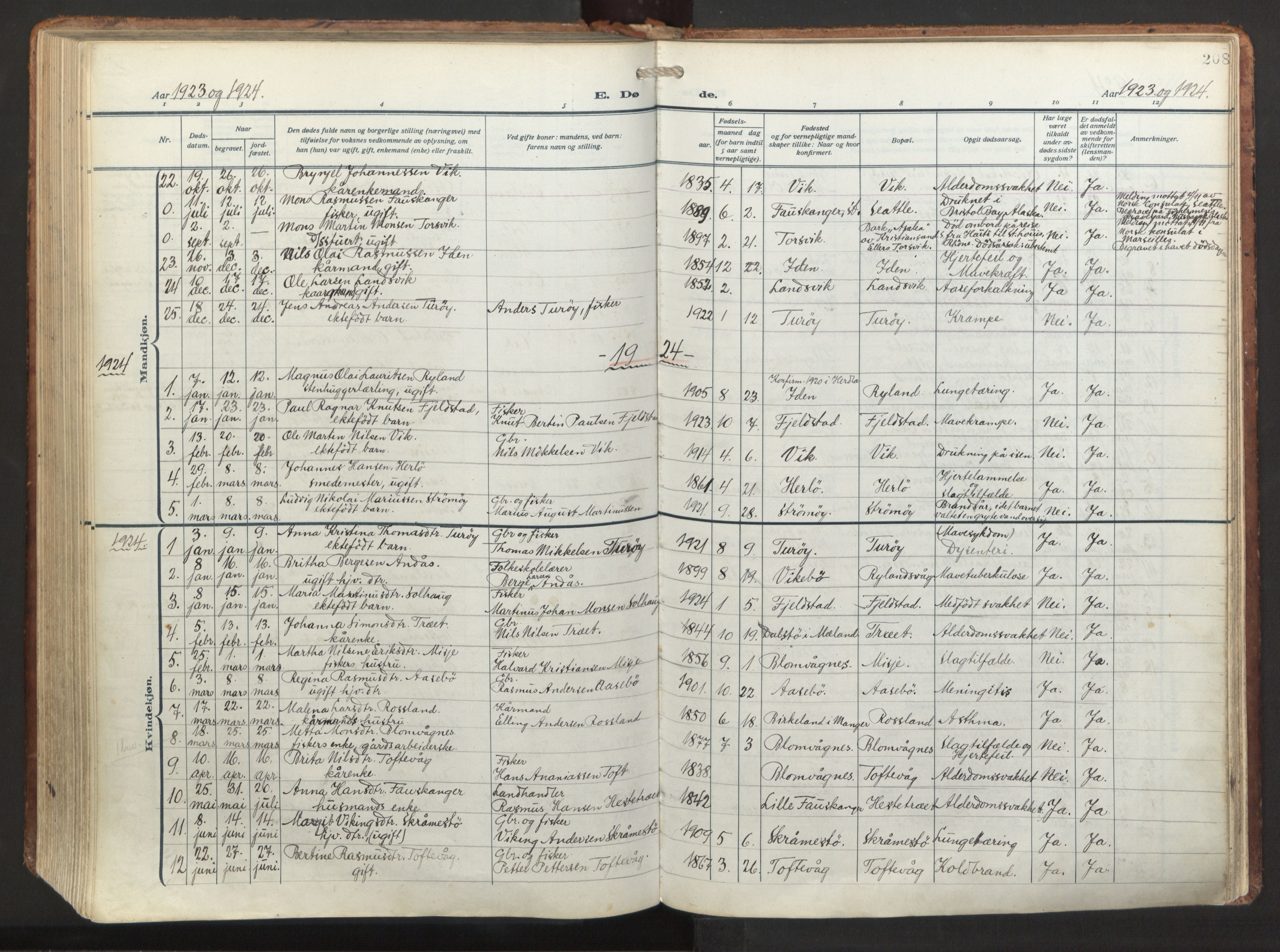 Herdla Sokneprestembete, SAB/A-75701/H/Haa: Parish register (official) no. A 6, 1918-1933, p. 208