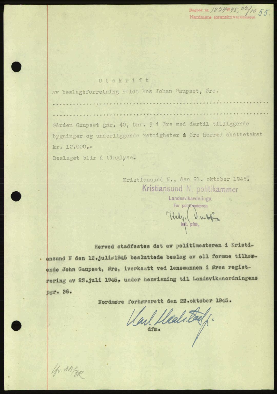 Nordmøre sorenskriveri, AV/SAT-A-4132/1/2/2Ca: Mortgage book no. B93a, 1945-1945, Diary no: : 1324/1945