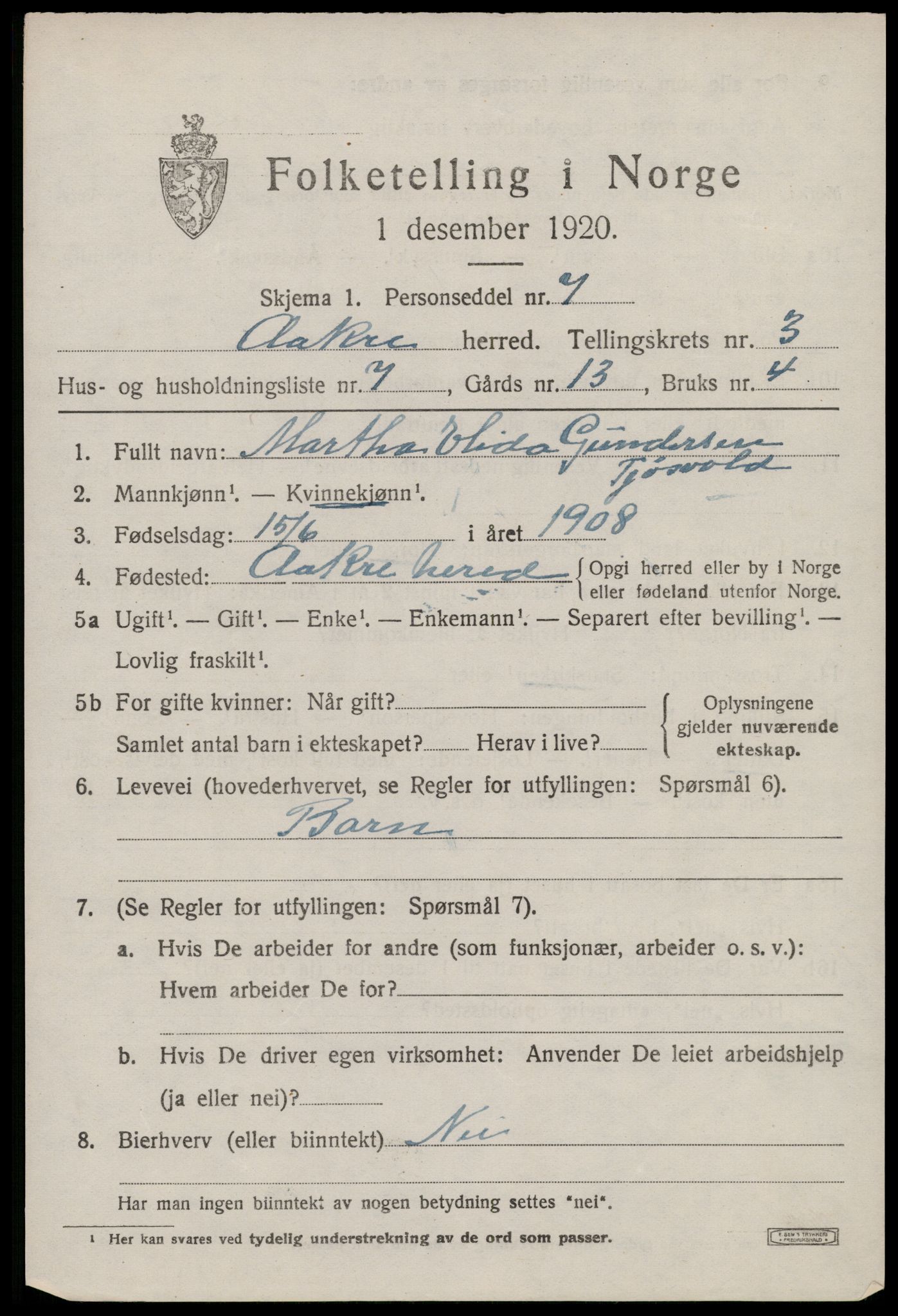 SAST, 1920 census for Åkra, 1920, p. 4388