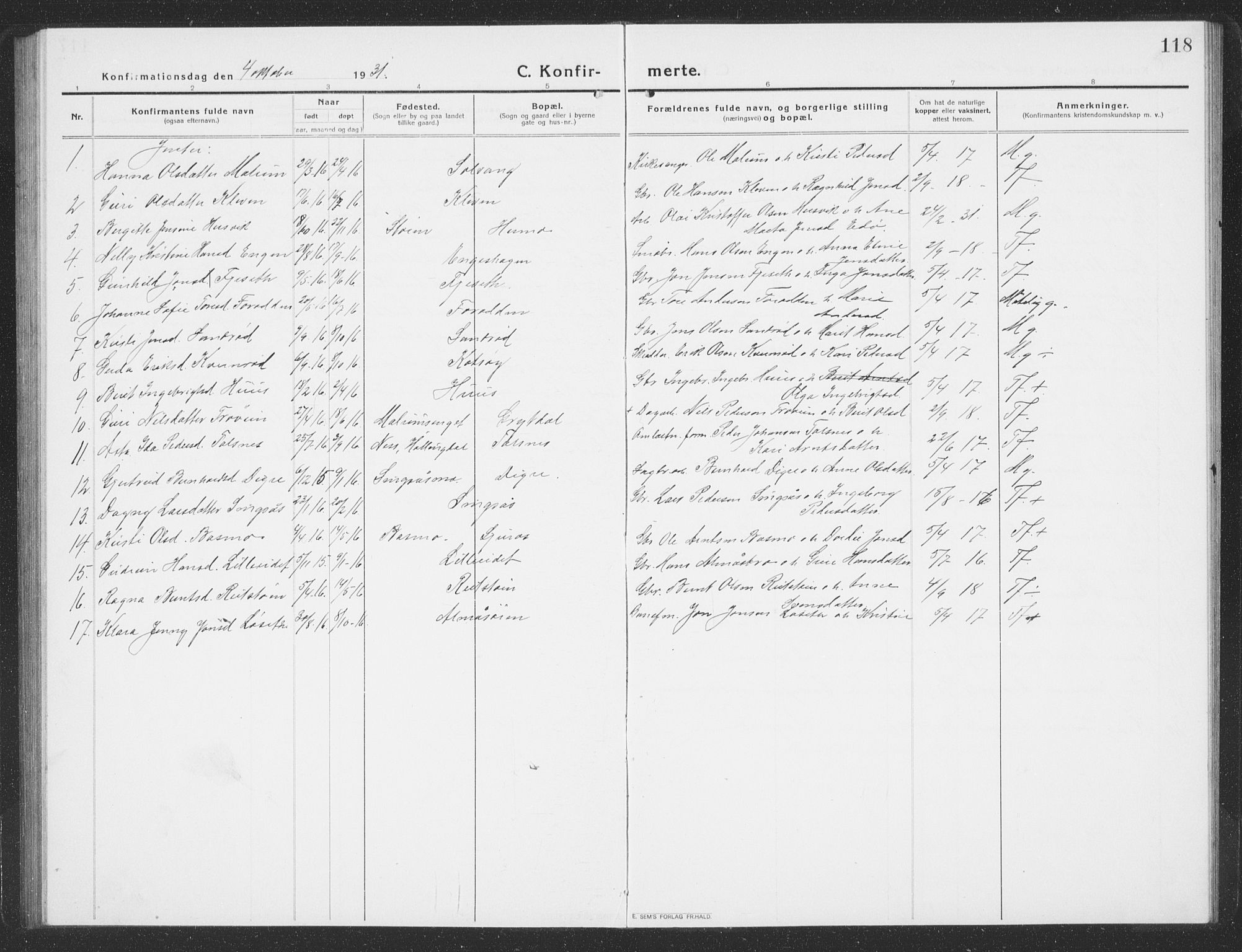 Ministerialprotokoller, klokkerbøker og fødselsregistre - Sør-Trøndelag, SAT/A-1456/688/L1030: Parish register (copy) no. 688C05, 1916-1939, p. 118
