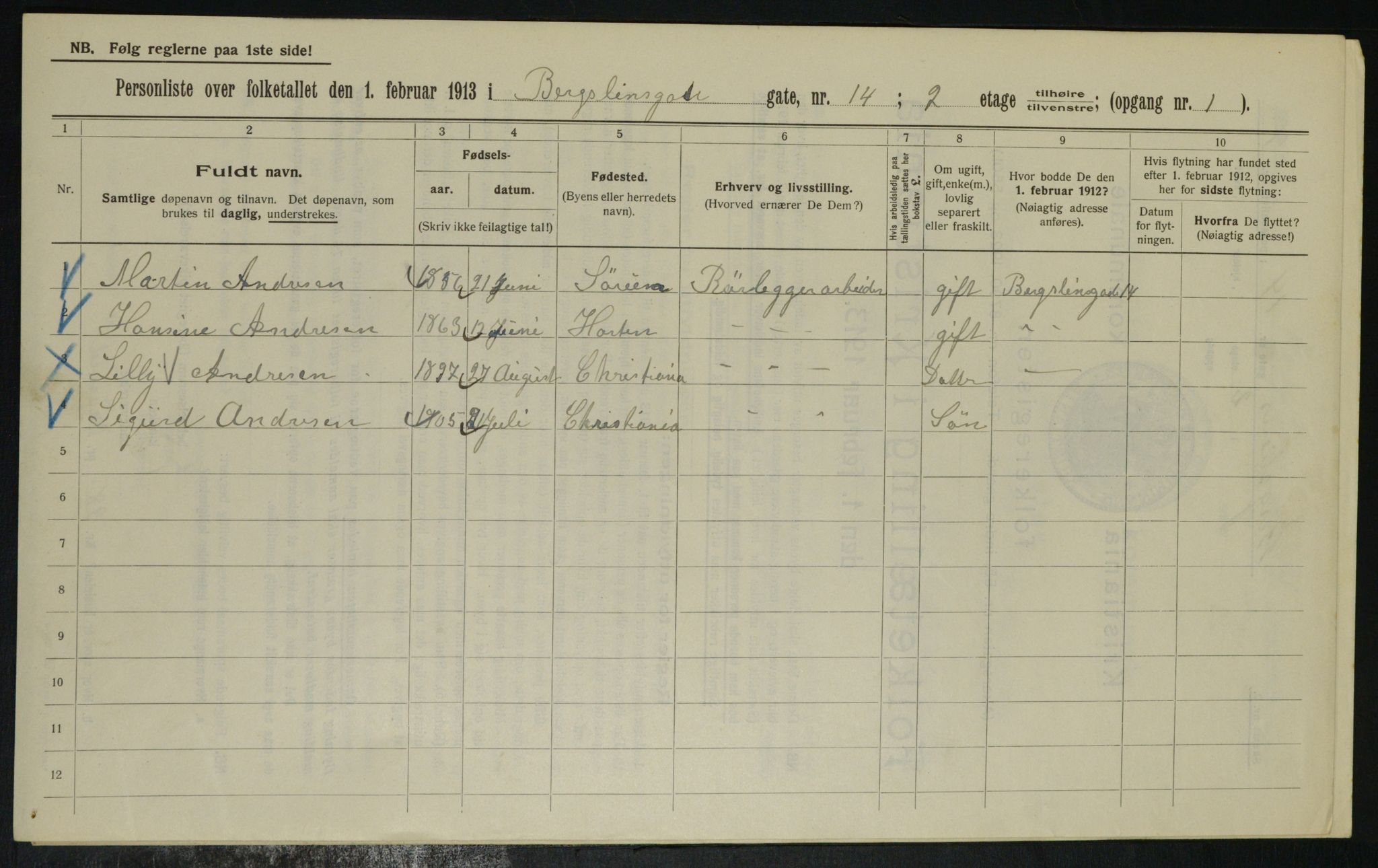 OBA, Municipal Census 1913 for Kristiania, 1913, p. 4163