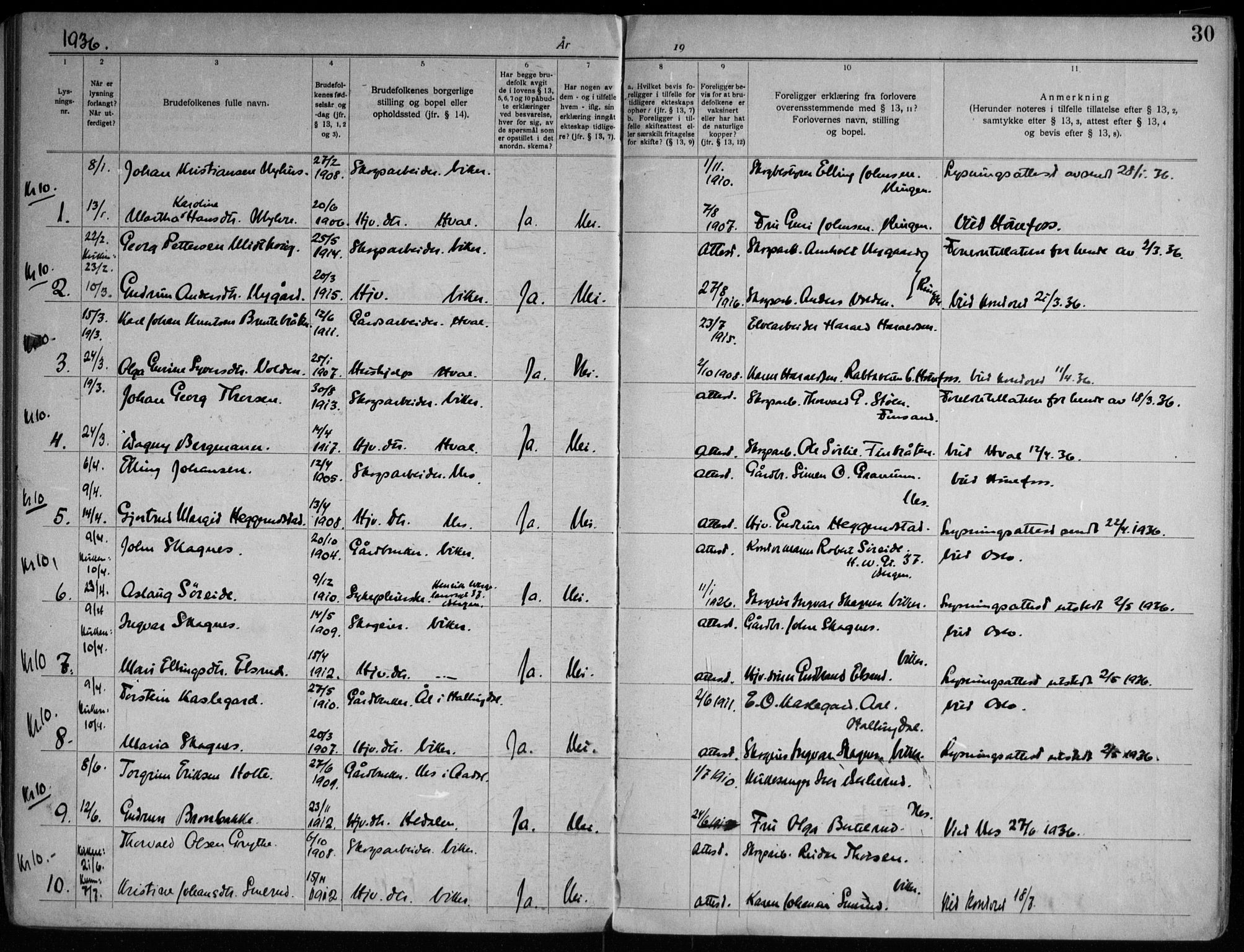 Ådal kirkebøker, AV/SAKO-A-248/H/Ha/L0001: Banns register no. 1, 1919-1966, p. 30