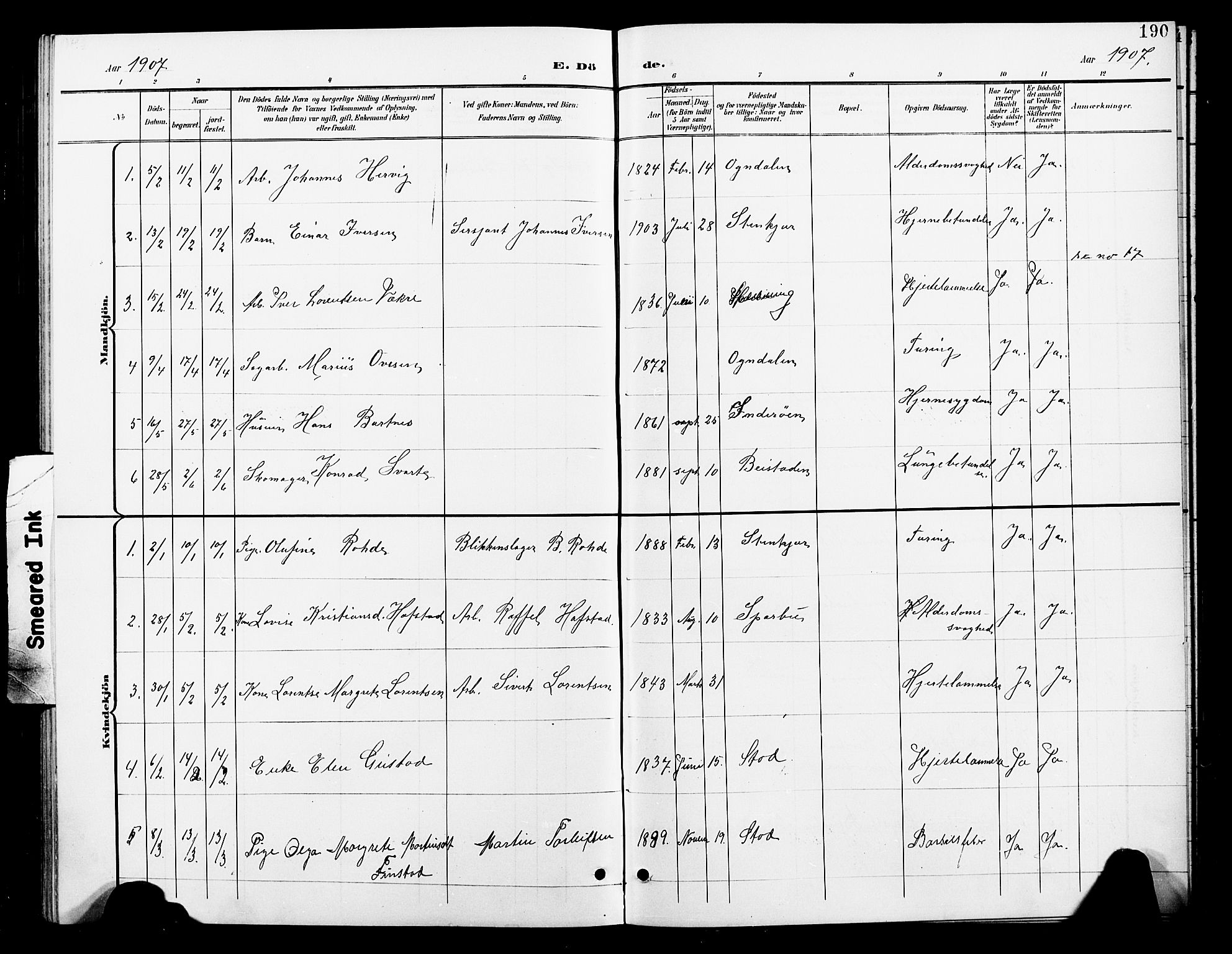 Ministerialprotokoller, klokkerbøker og fødselsregistre - Nord-Trøndelag, SAT/A-1458/739/L0375: Parish register (copy) no. 739C03, 1898-1908, p. 190