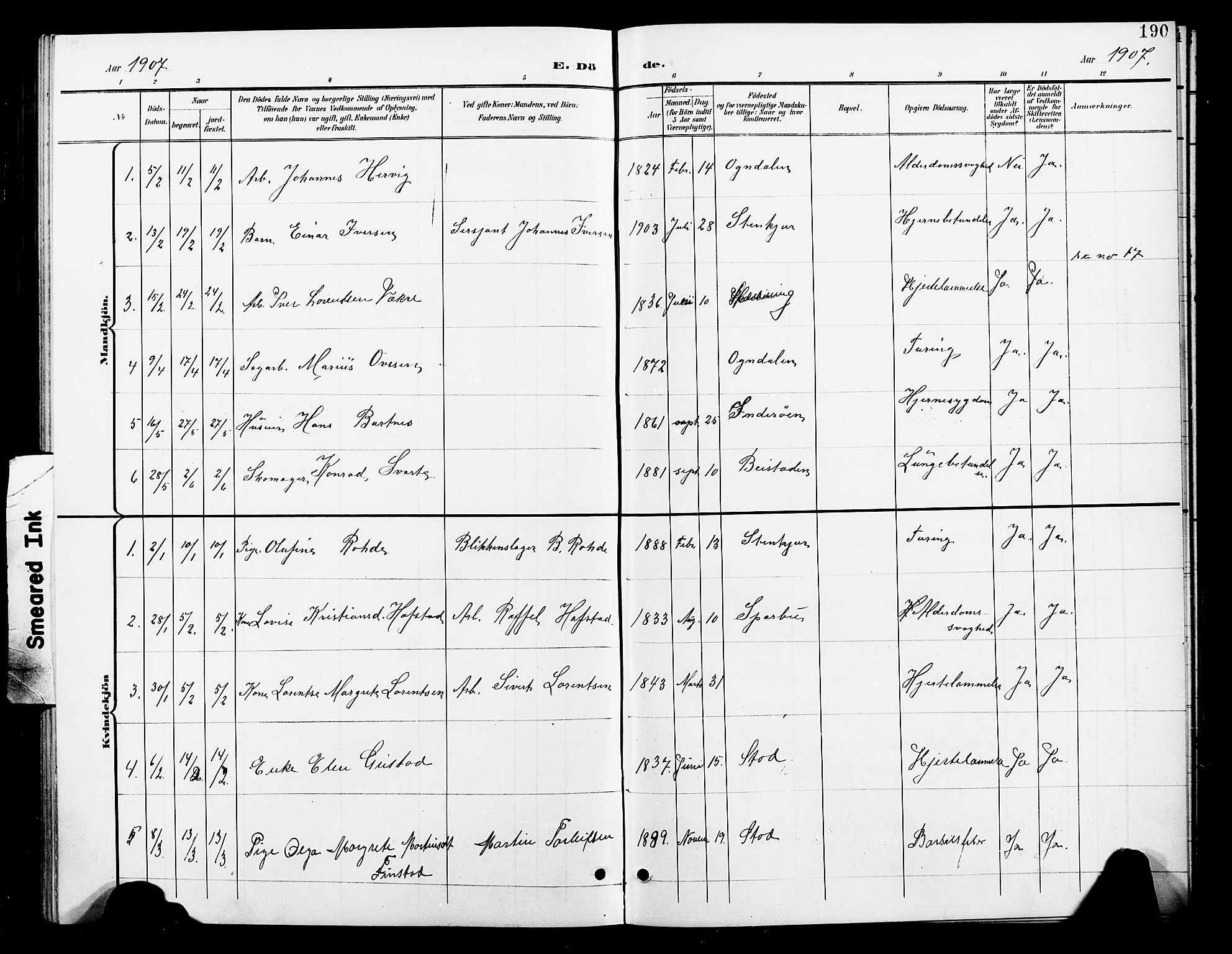 Ministerialprotokoller, klokkerbøker og fødselsregistre - Nord-Trøndelag, AV/SAT-A-1458/739/L0375: Parish register (copy) no. 739C03, 1898-1908, p. 190