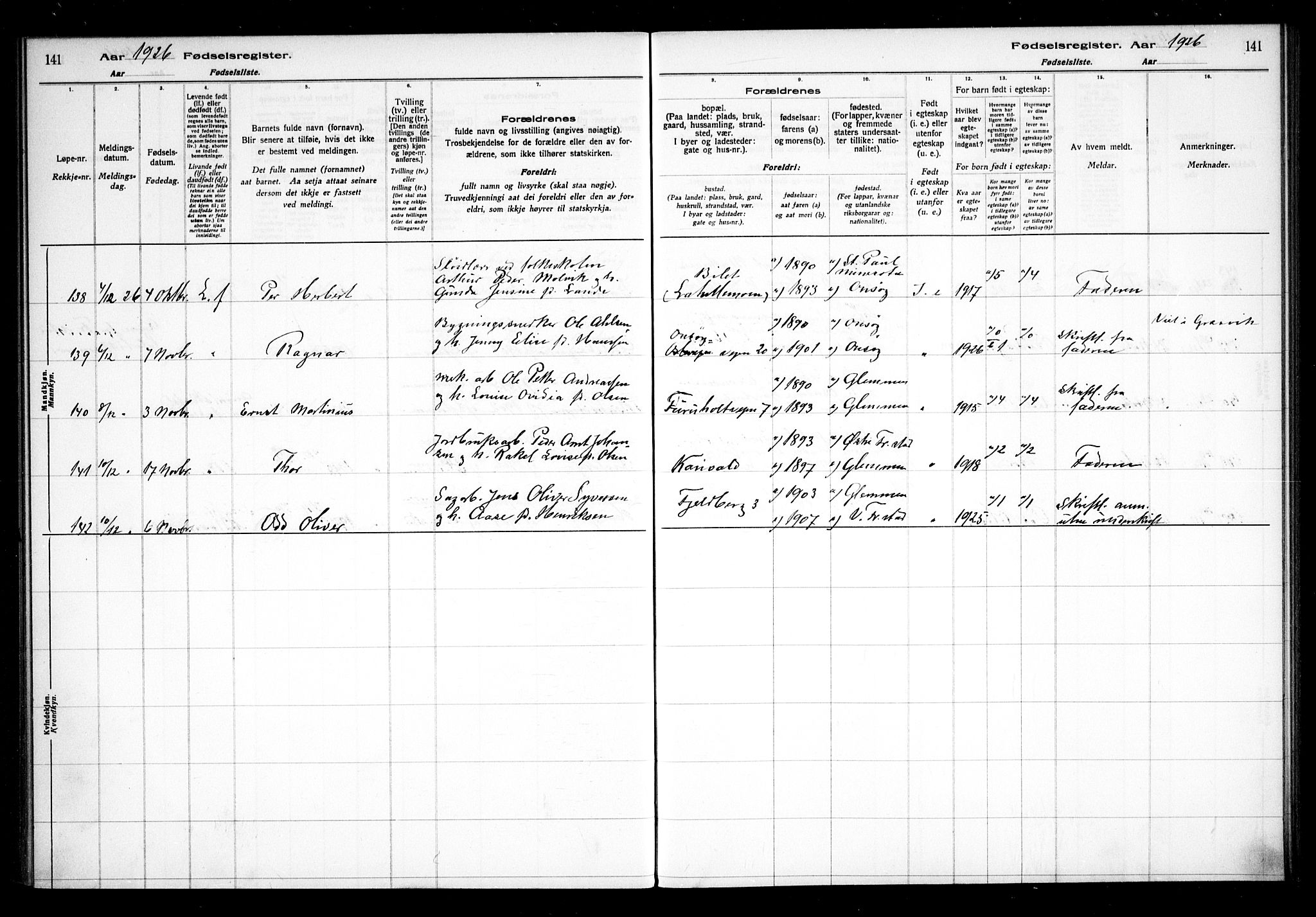 Glemmen prestekontor Kirkebøker, AV/SAO-A-10908/J/Ja/L0002: Birth register no. I 2, 1922-1929, p. 141