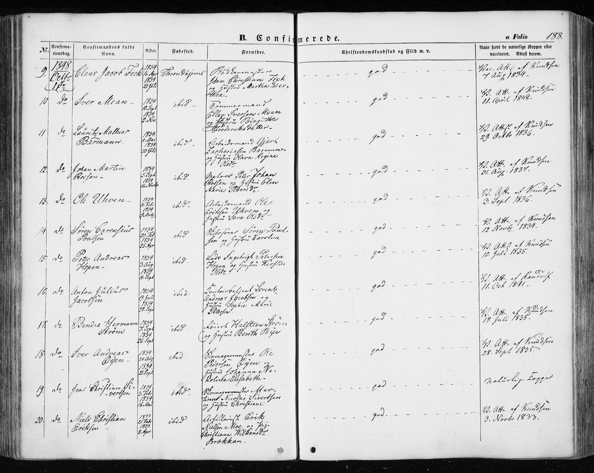 Ministerialprotokoller, klokkerbøker og fødselsregistre - Sør-Trøndelag, AV/SAT-A-1456/601/L0051: Parish register (official) no. 601A19, 1848-1857, p. 188