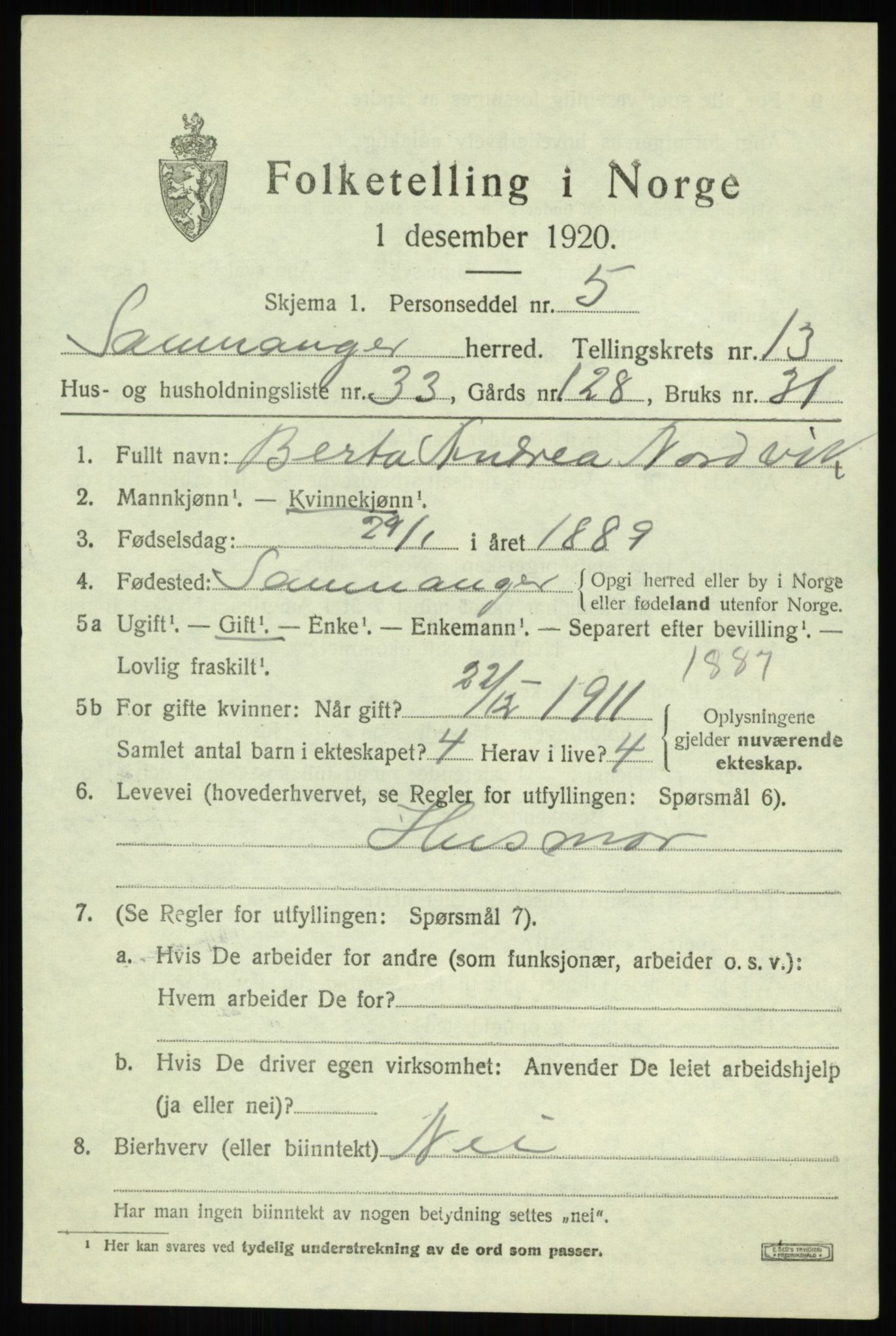 SAB, 1920 census for Samnanger, 1920, p. 5537