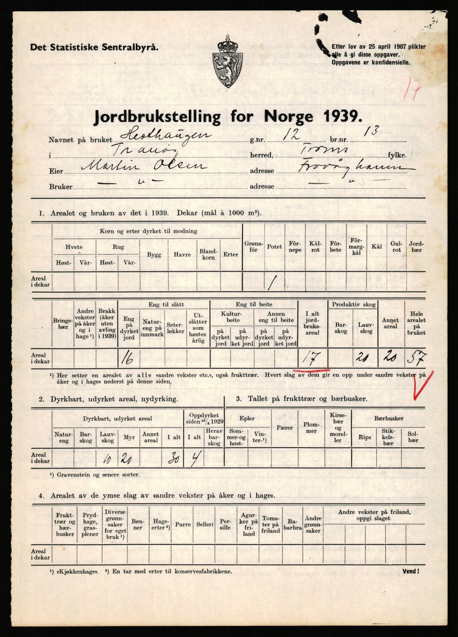 Statistisk sentralbyrå, Næringsøkonomiske emner, Jordbruk, skogbruk, jakt, fiske og fangst, AV/RA-S-2234/G/Gb/L0341: Troms: Sørreisa og Tranøy, 1939, p. 1003