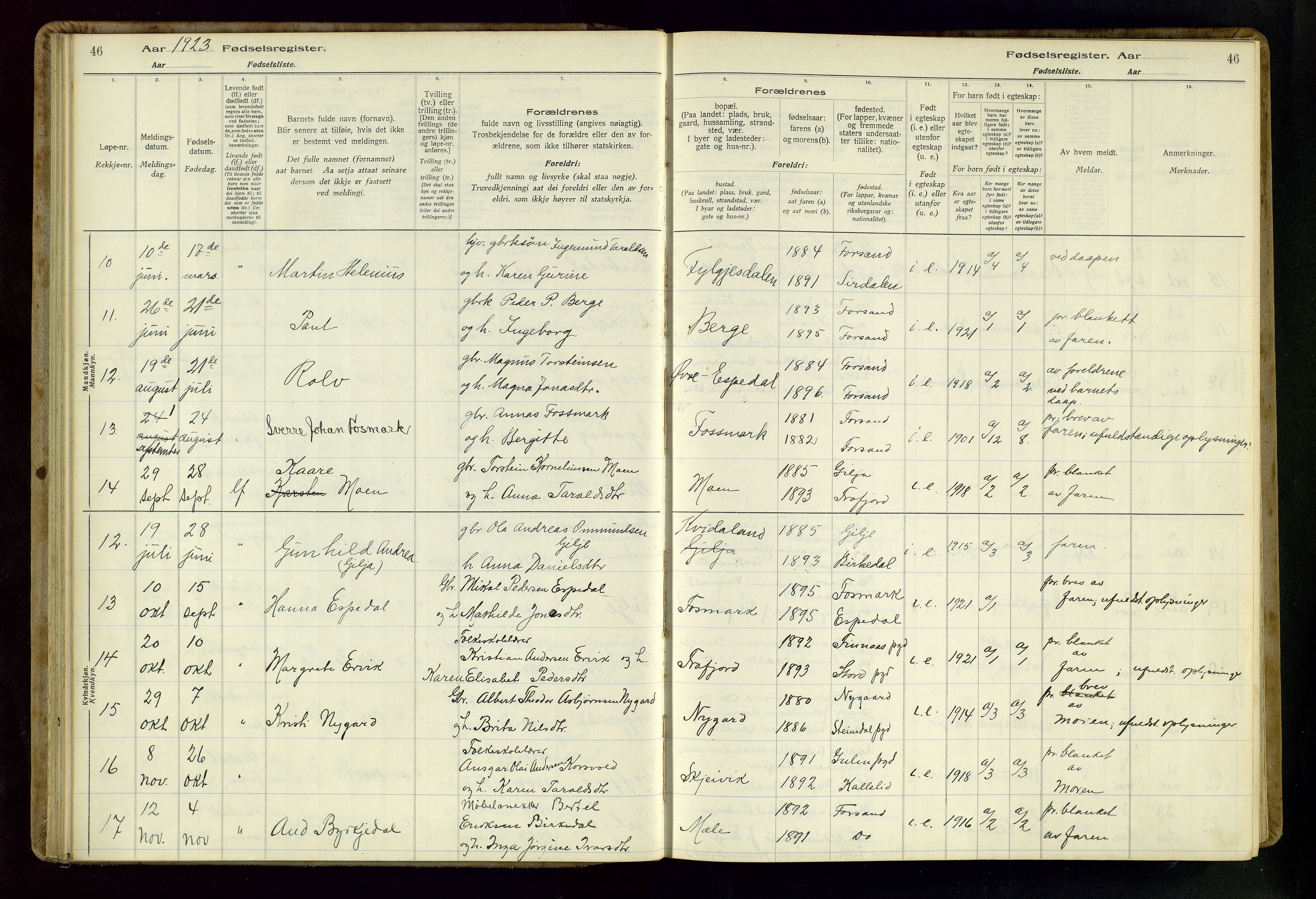 Høgsfjord sokneprestkontor, AV/SAST-A-101624/I/Id/L0002: Birth register no. 2, 1916-1959, p. 46