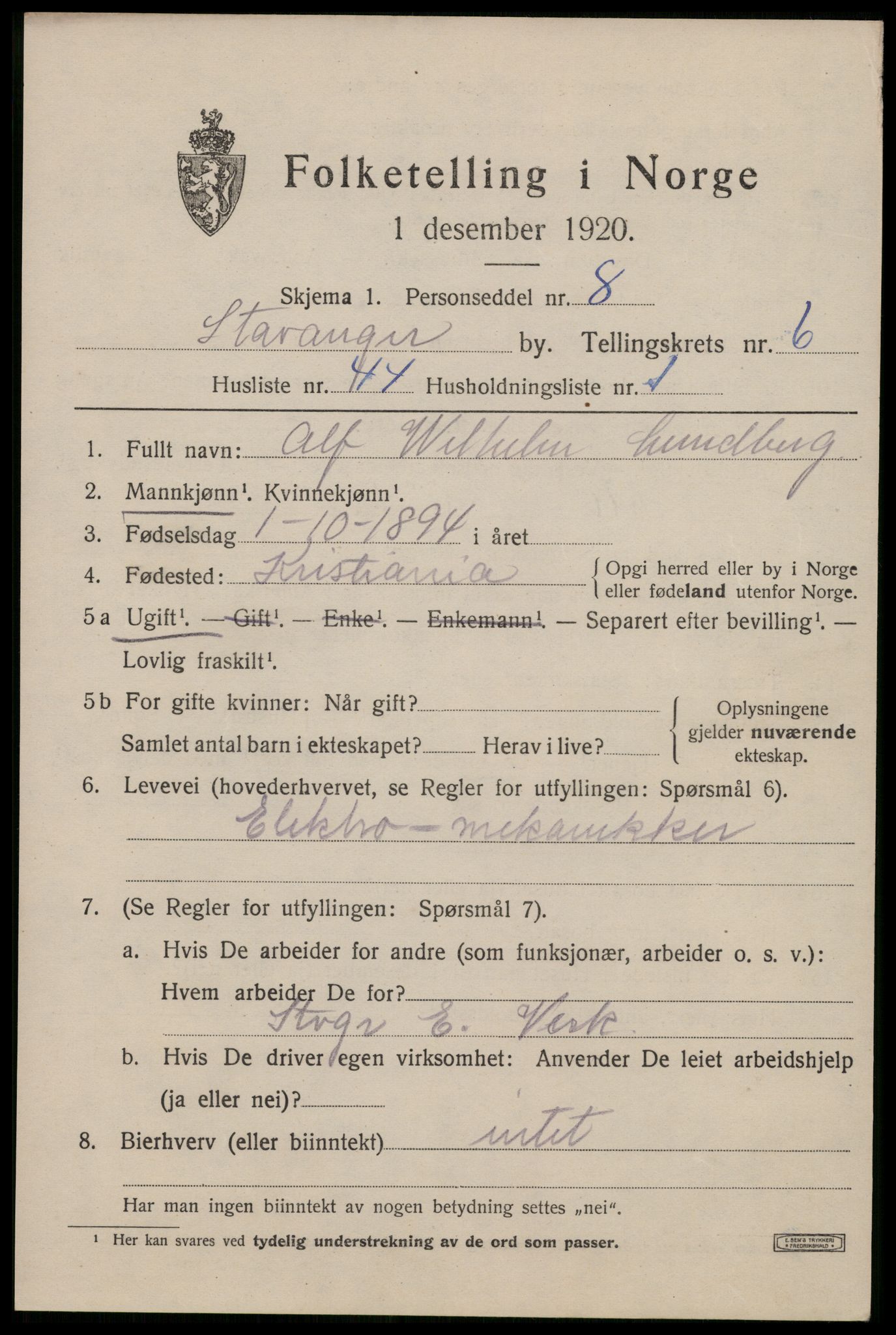 SAST, 1920 census for Stavanger, 1920, p. 43130