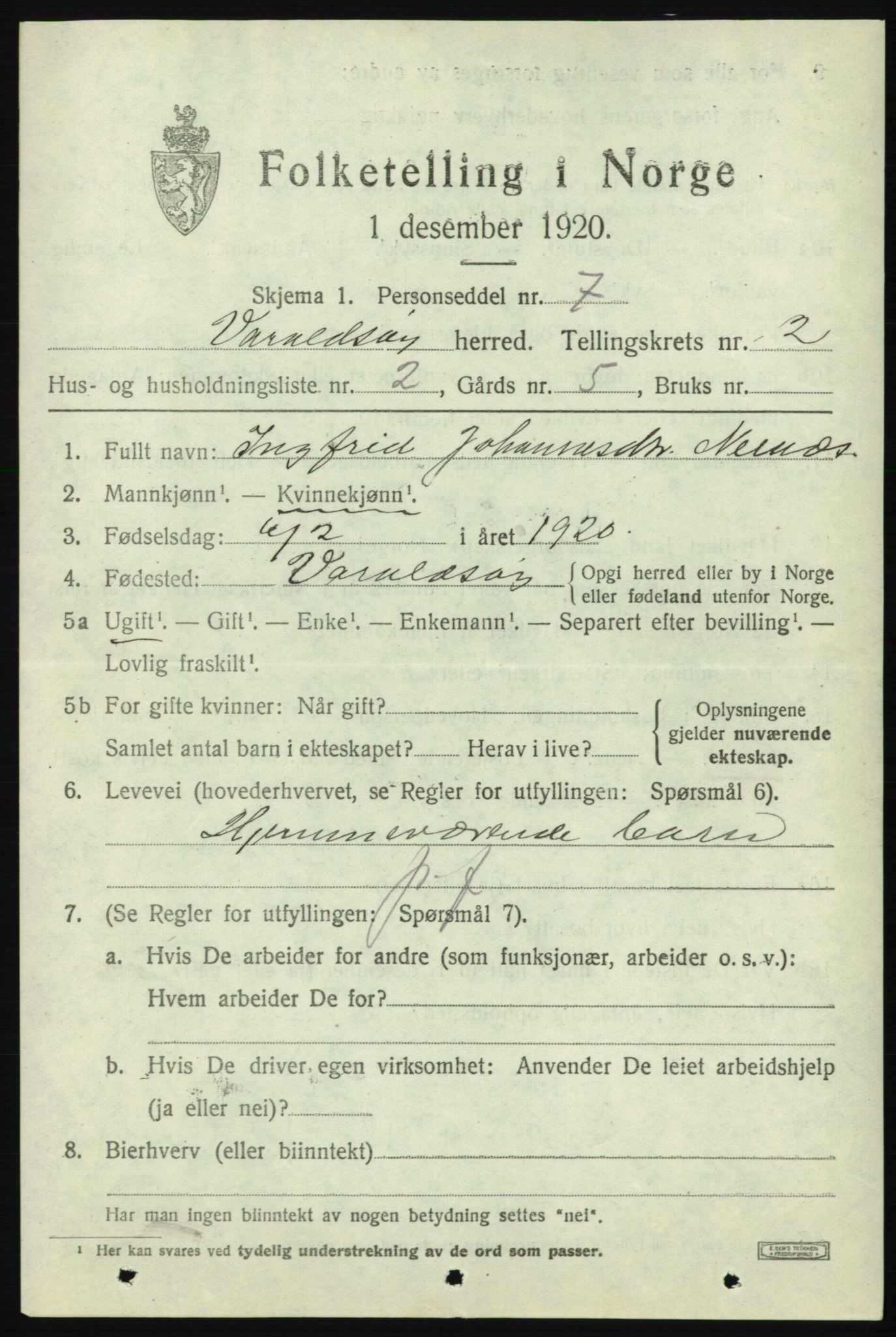 SAB, 1920 census for Varaldsøy, 1920, p. 759