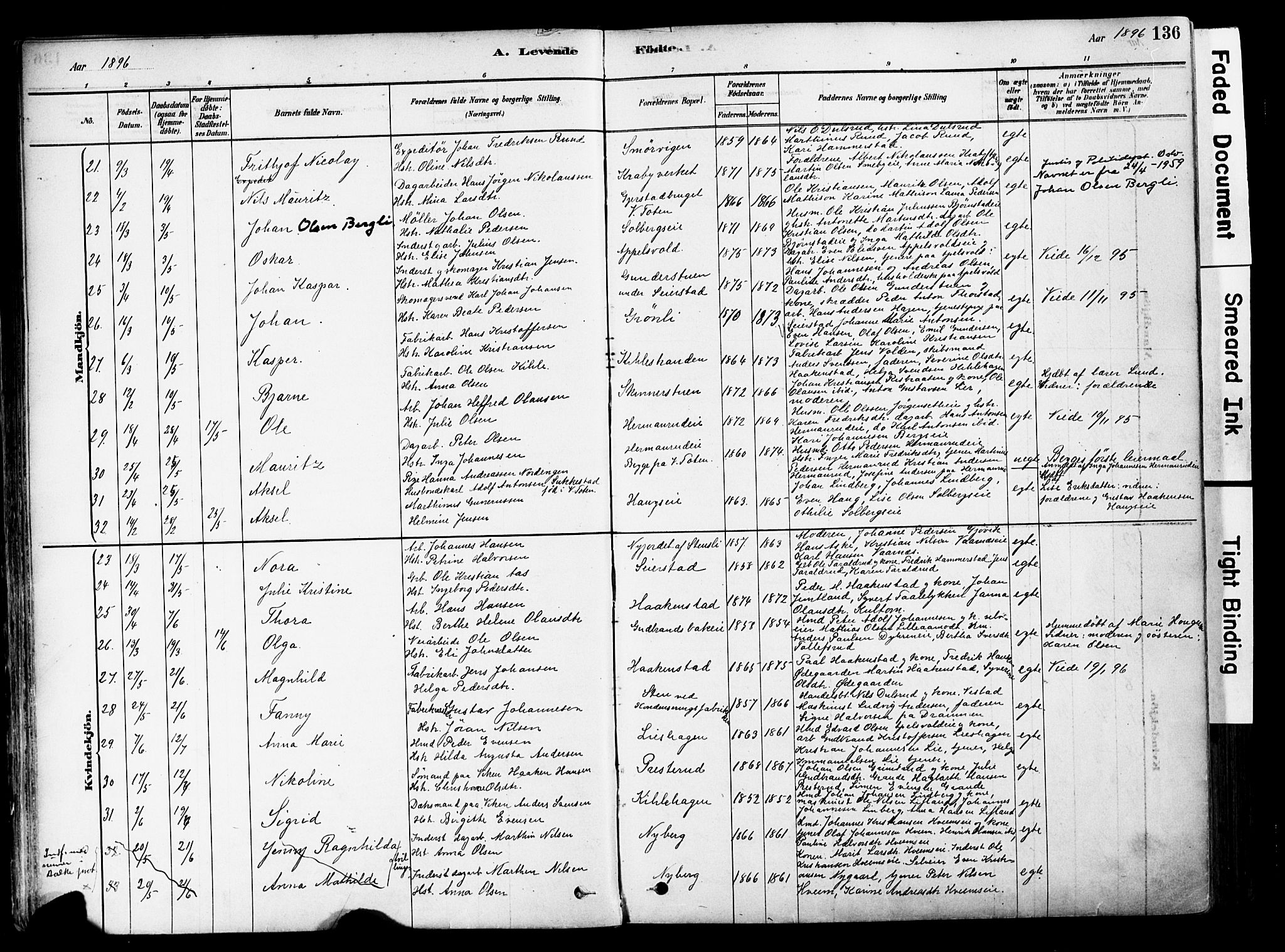 Østre Toten prestekontor, AV/SAH-PREST-104/H/Ha/Haa/L0006: Parish register (official) no. 6 /1, 1878-1896, p. 136