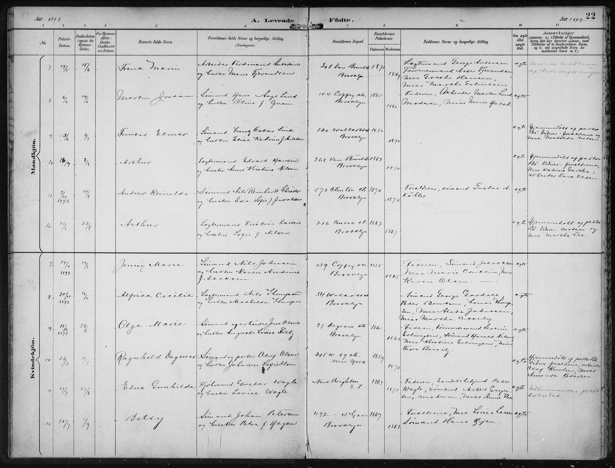 Den norske sjømannsmisjon i utlandet/New York, SAB/SAB/PA-0110/H/Ha/L0004: Parish register (official) no. A 4, 1893-1901, p. 22