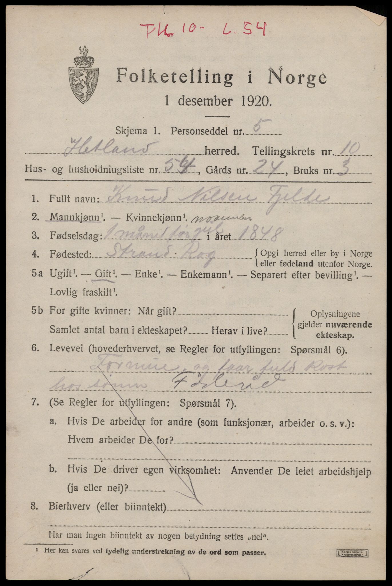 SAST, 1920 census for Hetland, 1920, p. 19687