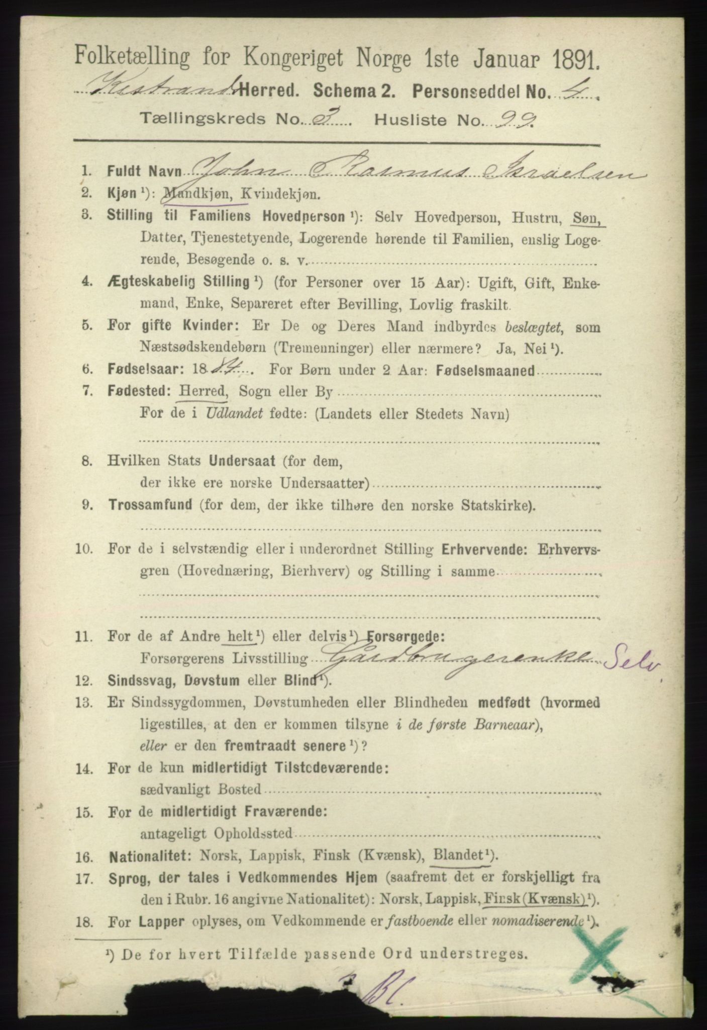 RA, 1891 census for 2020 Kistrand, 1891, p. 1884