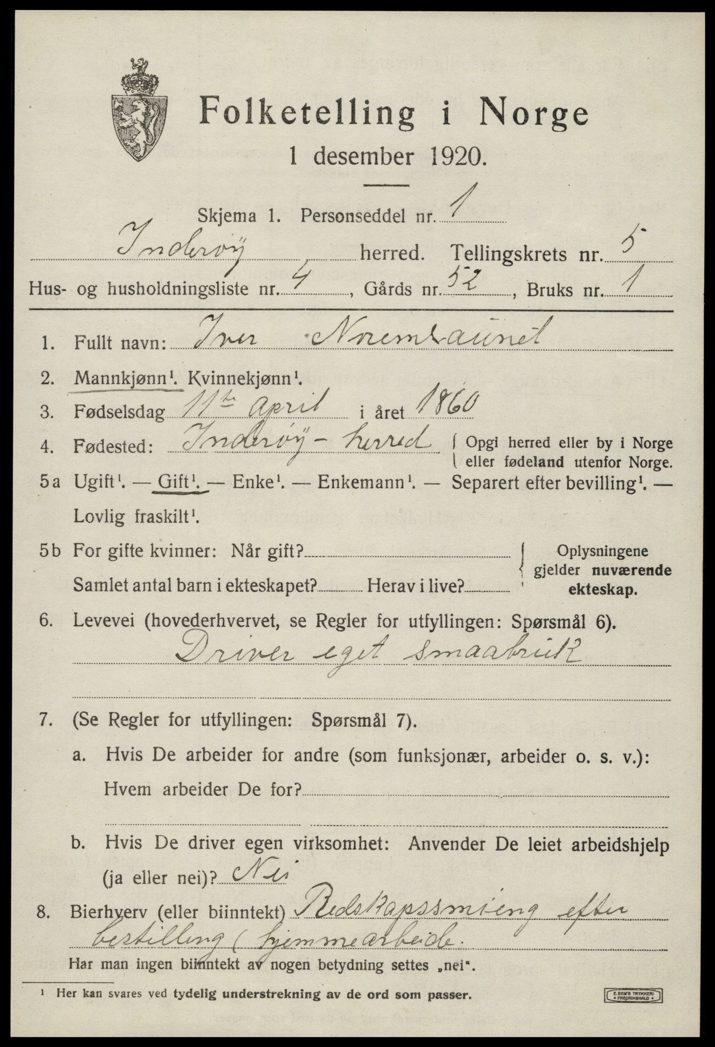 SAT, 1920 census for Inderøy, 1920, p. 4237