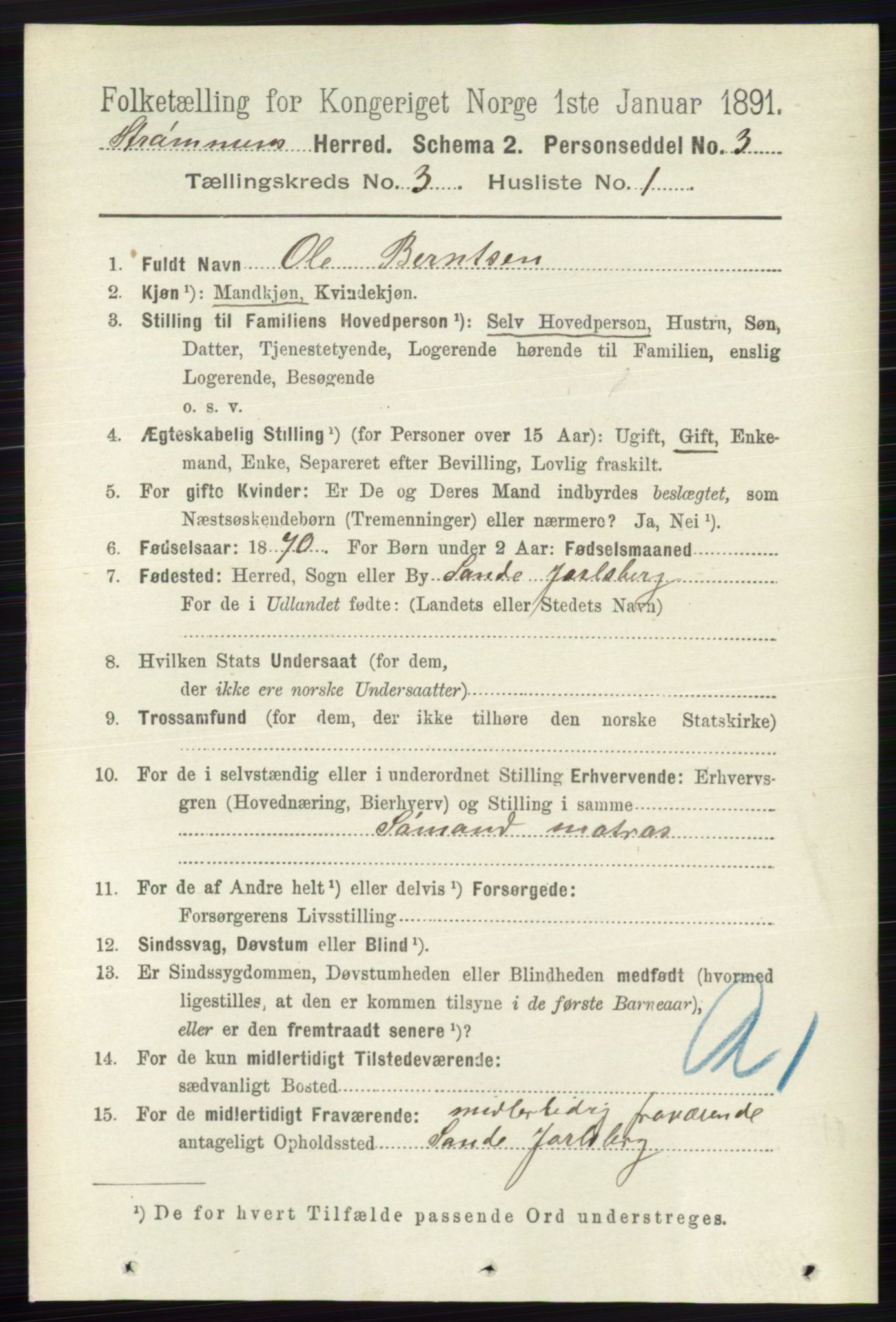 RA, 1891 census for 0711 Strømm, 1891, p. 1075