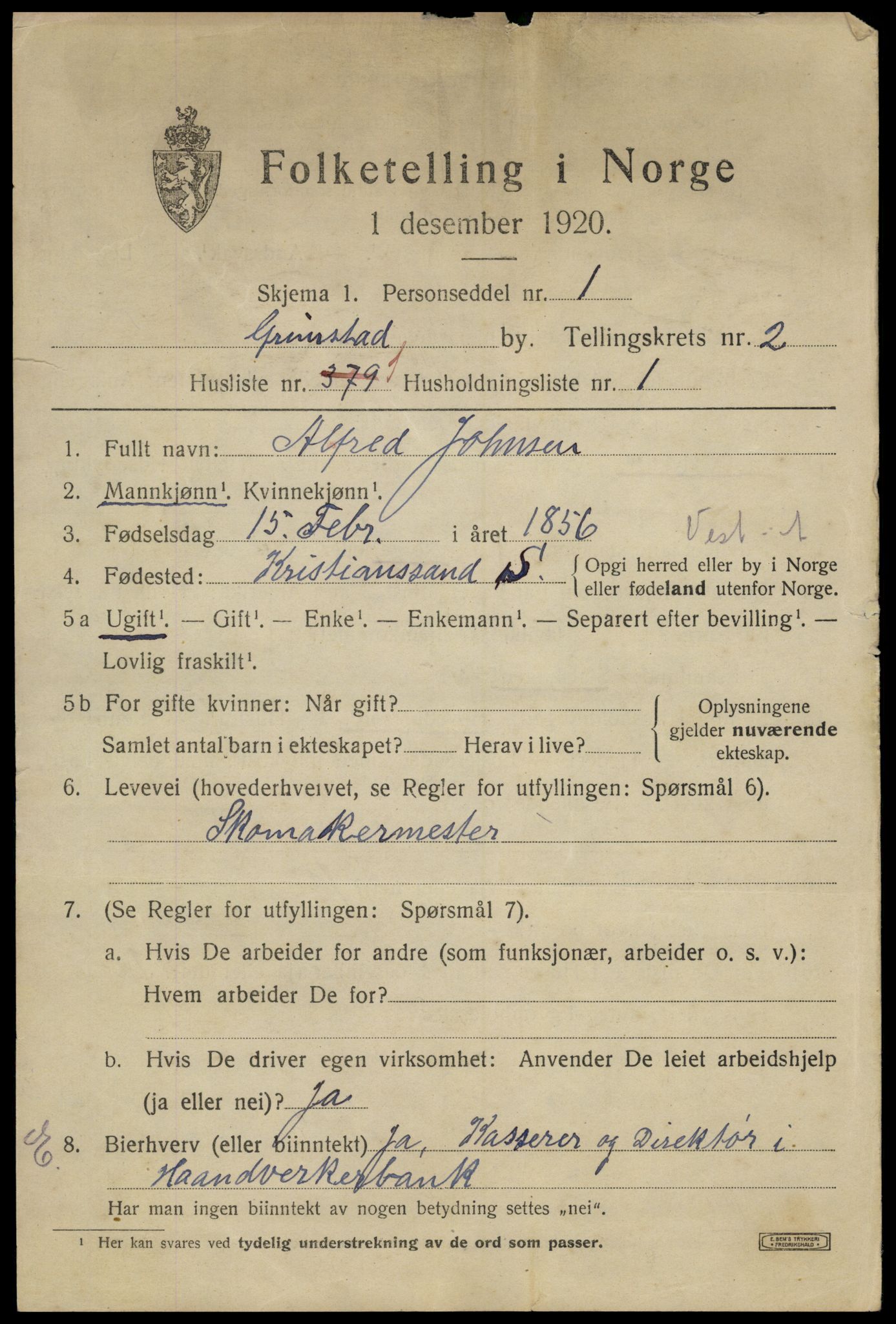 SAK, 1920 census for Grimstad, 1920, p. 3311