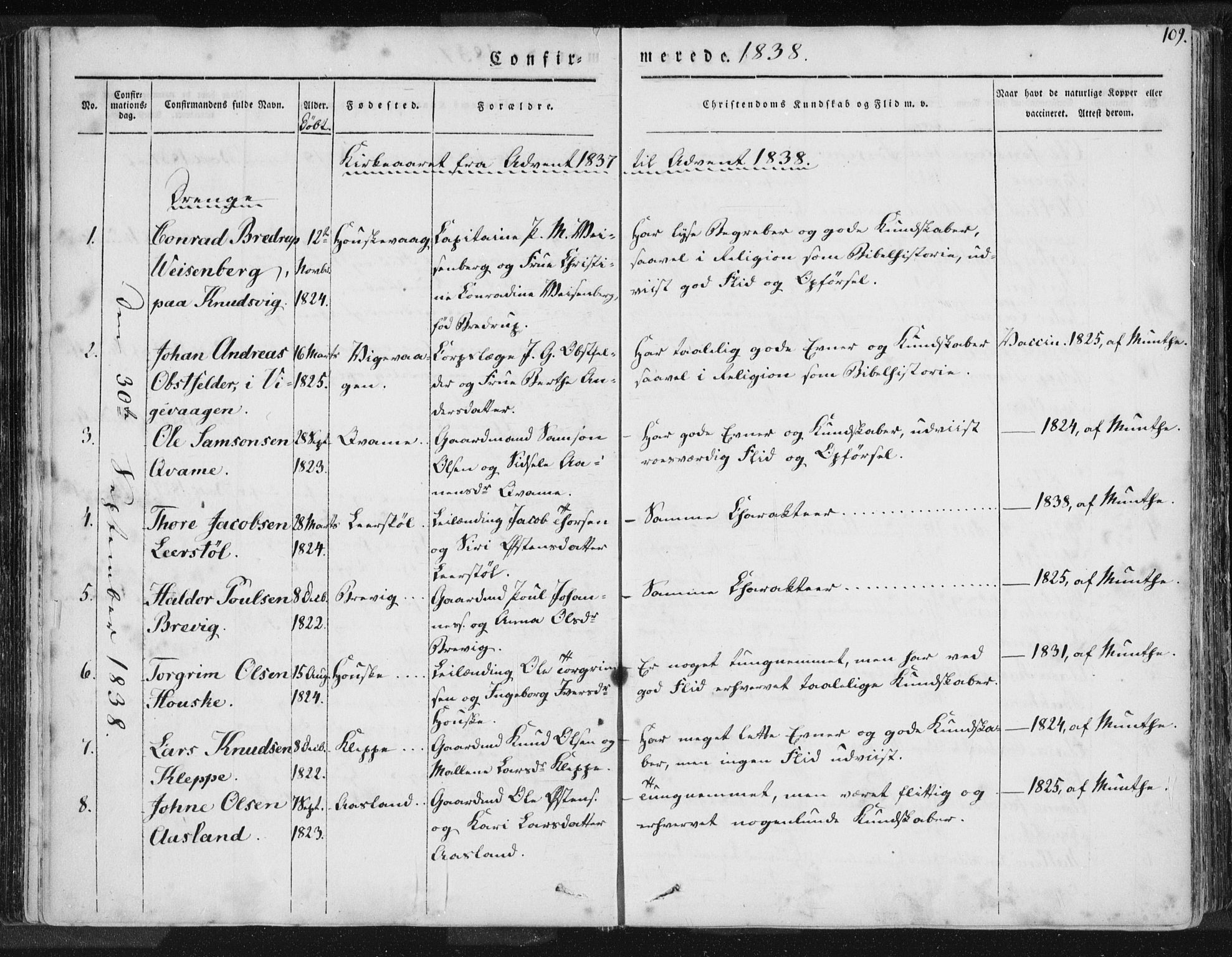 Hjelmeland sokneprestkontor, AV/SAST-A-101843/01/IV/L0006: Parish register (official) no. A 6, 1834-1845, p. 109