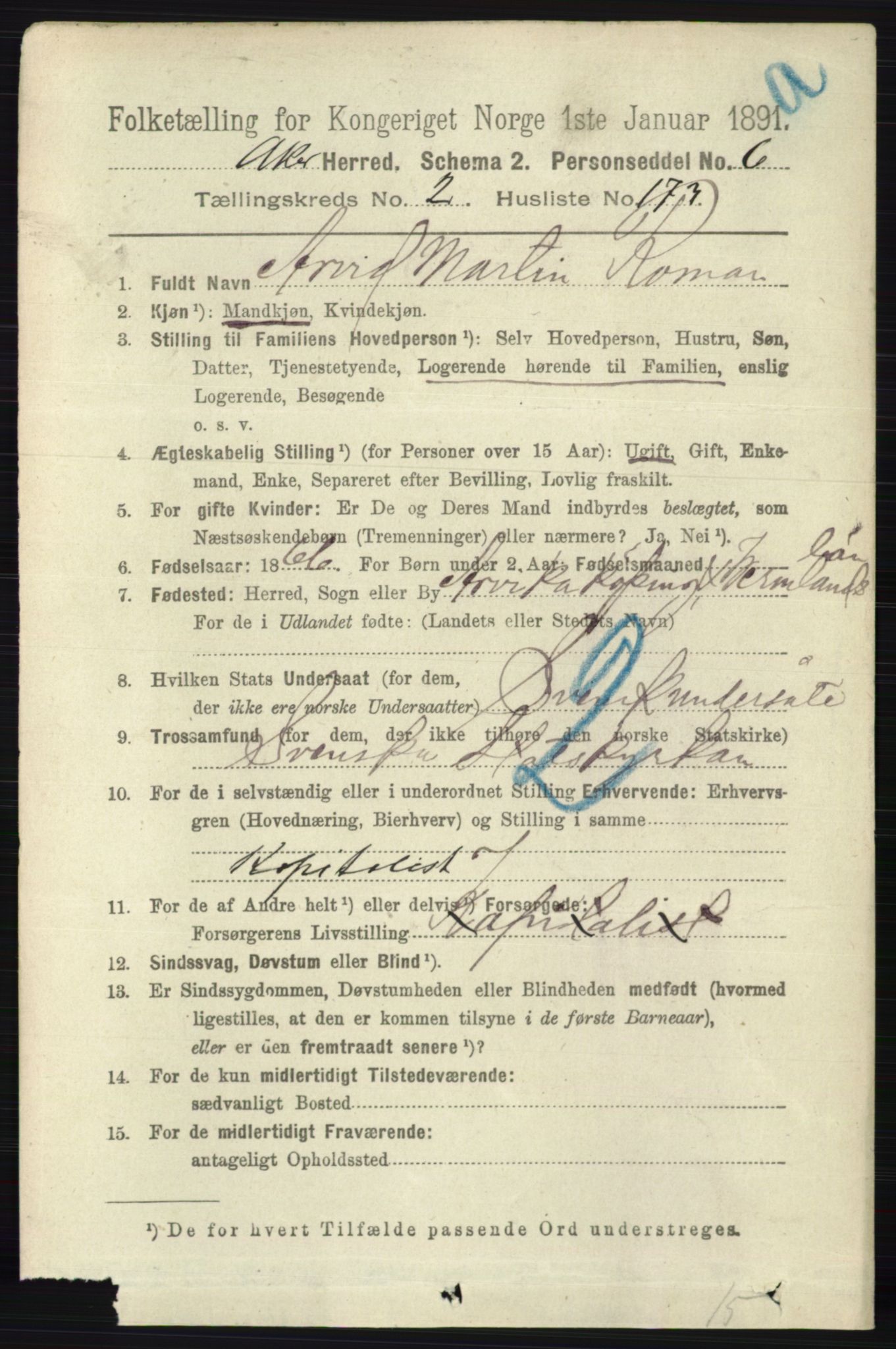 RA, 1891 census for 0218 Aker, 1891, p. 2826