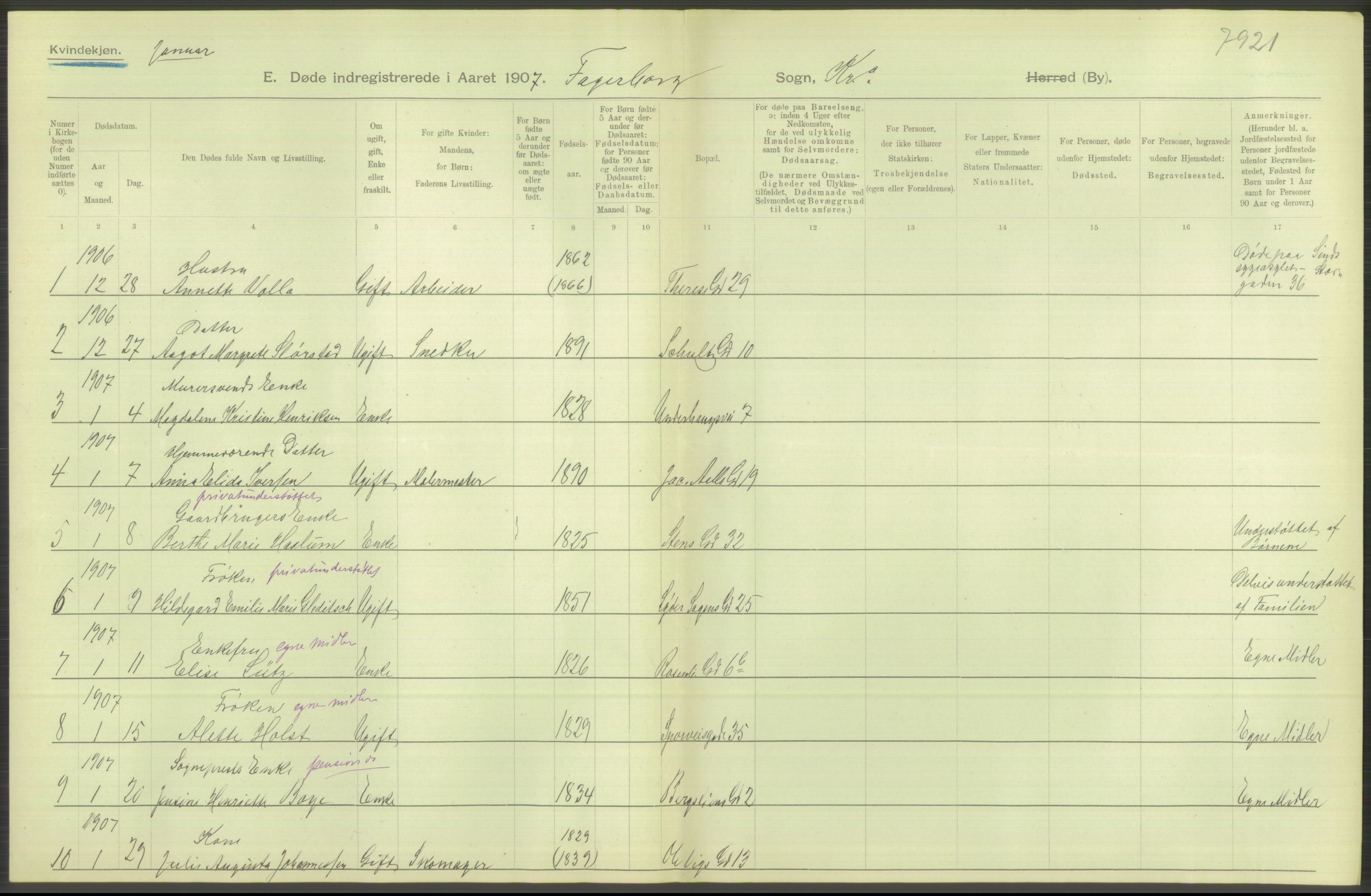 Statistisk sentralbyrå, Sosiodemografiske emner, Befolkning, AV/RA-S-2228/D/Df/Dfa/Dfae/L0009: Kristiania: Døde, 1907, p. 294