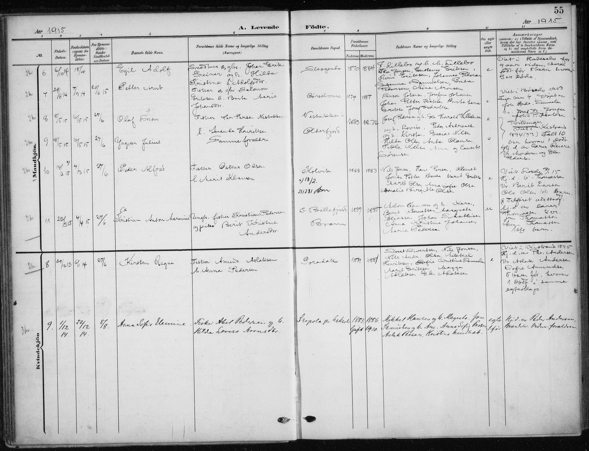 Kistrand/Porsanger sokneprestembete, AV/SATØ-S-1351/H/Ha/L0014.kirke: Parish register (official) no. 14, 1908-1917, p. 55