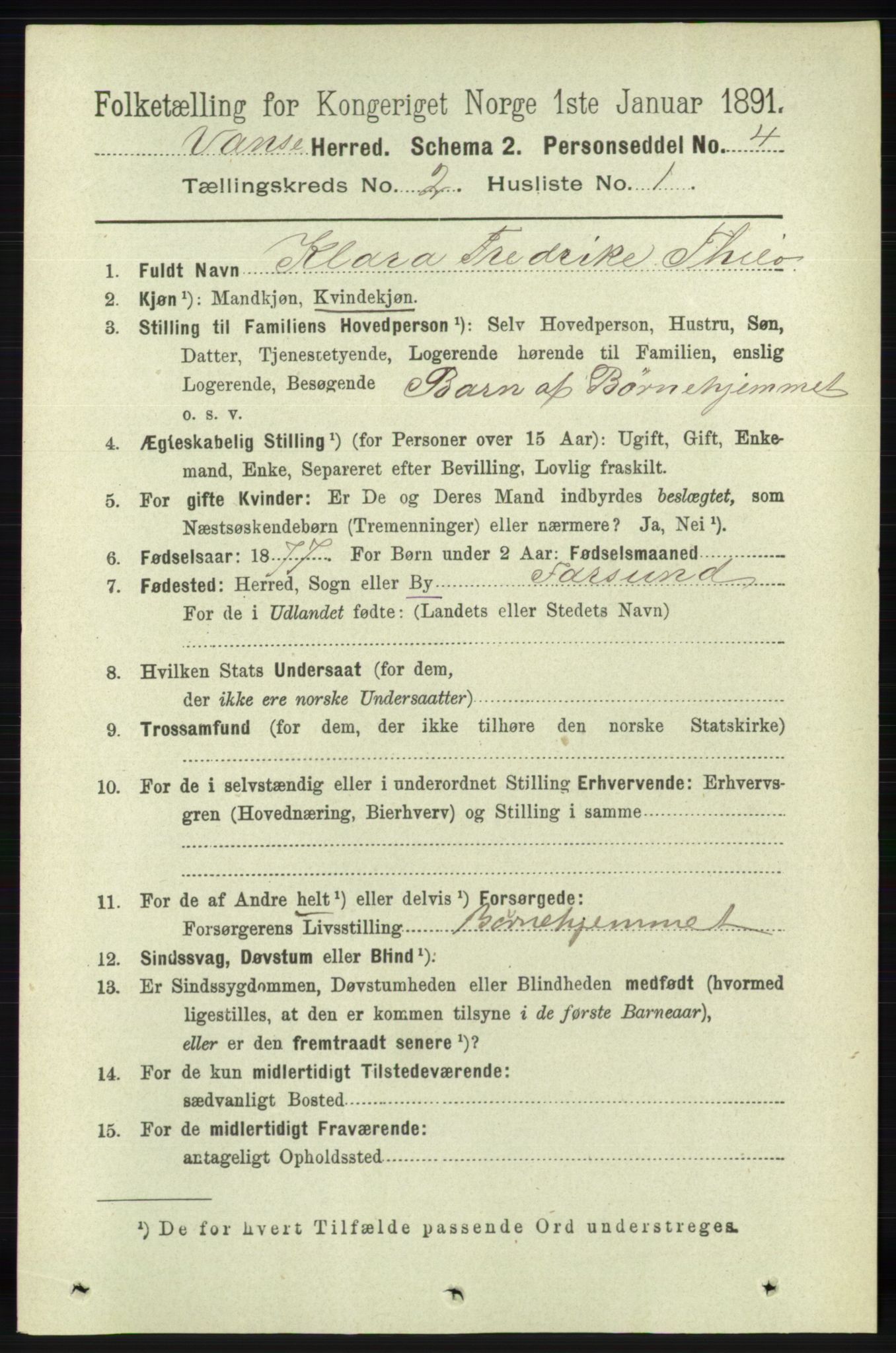 RA, 1891 census for 1041 Vanse, 1891, p. 607