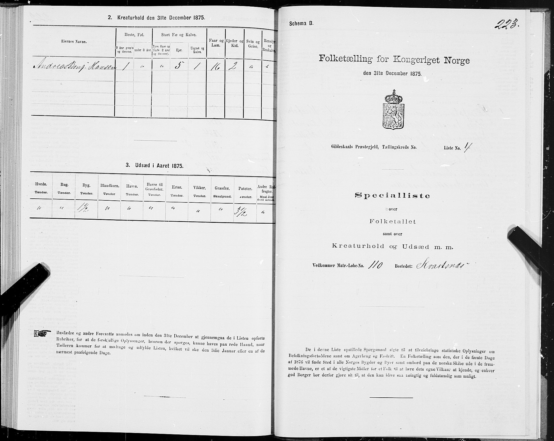 SAT, 1875 census for 1838P Gildeskål, 1875, p. 2223