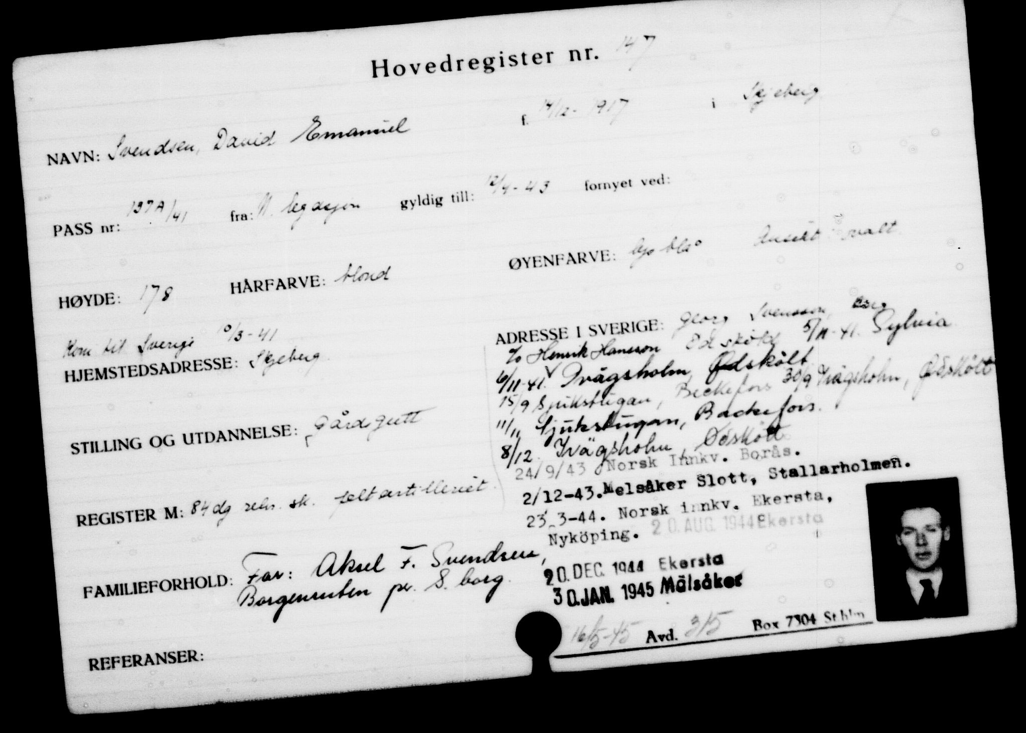 Utenriksstasjonene, Legasjonen i Stockholm, Flyktningkontoret, AV/RA-S-6753/V/Va/L0001: Kjesäterkartoteket, flyktninger med registreringsnr. 1-1000, 1940-1945, p. 238