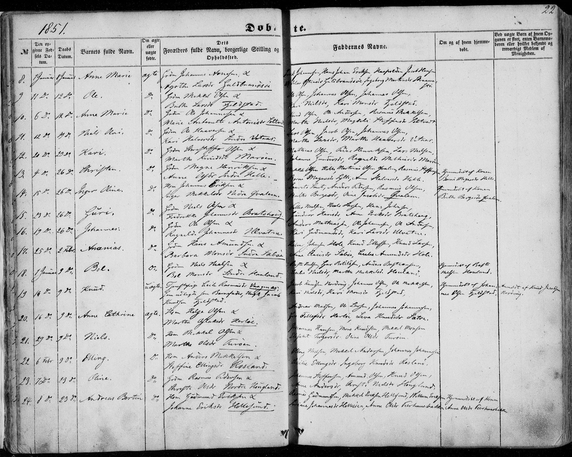 Manger sokneprestembete, SAB/A-76801/H/Haa: Parish register (official) no. A 6, 1849-1859, p. 22