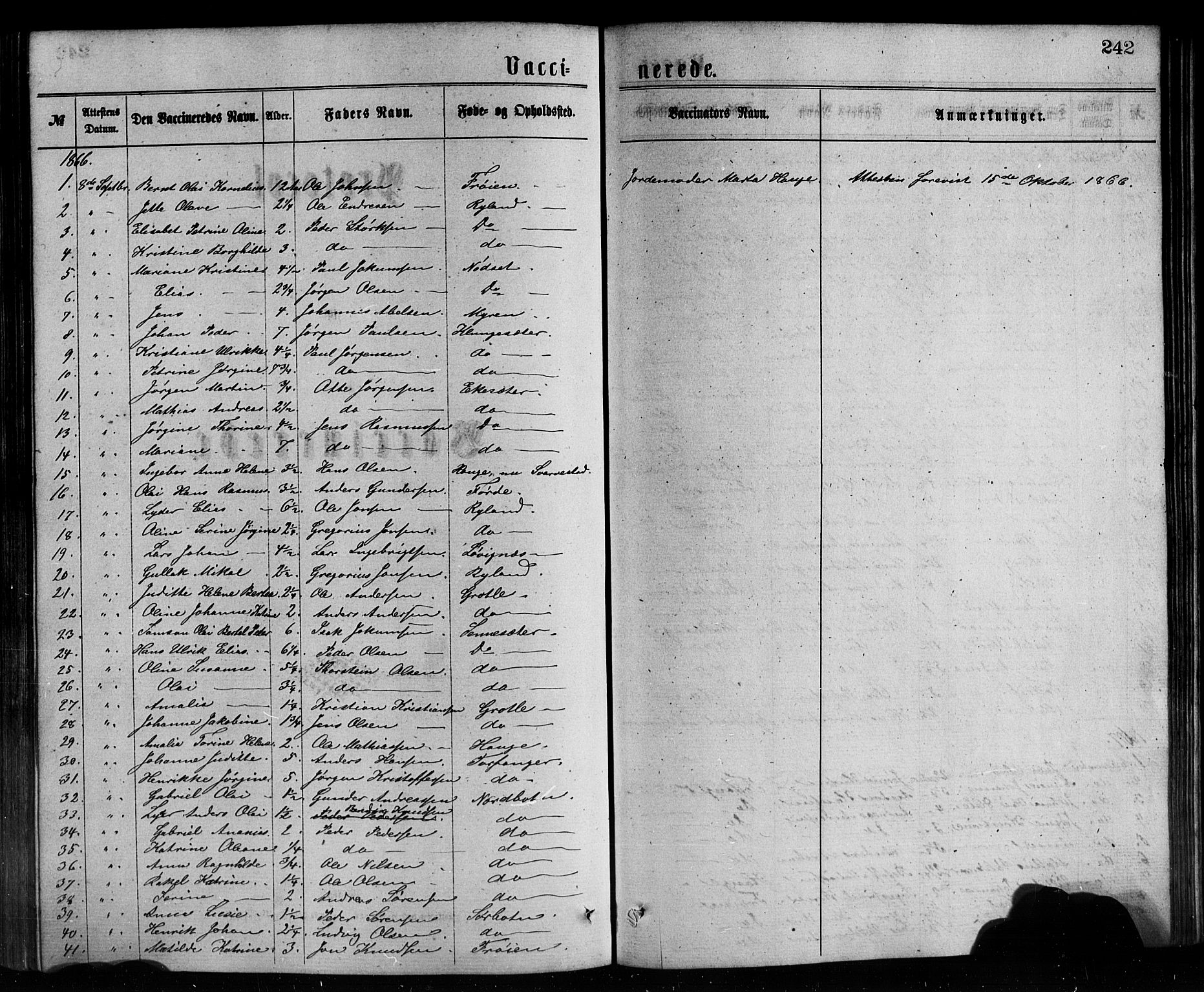 Bremanger sokneprestembete, SAB/A-82201/H/Hab/Haba/L0002: Parish register (copy) no. A 2, 1866-1889, p. 242