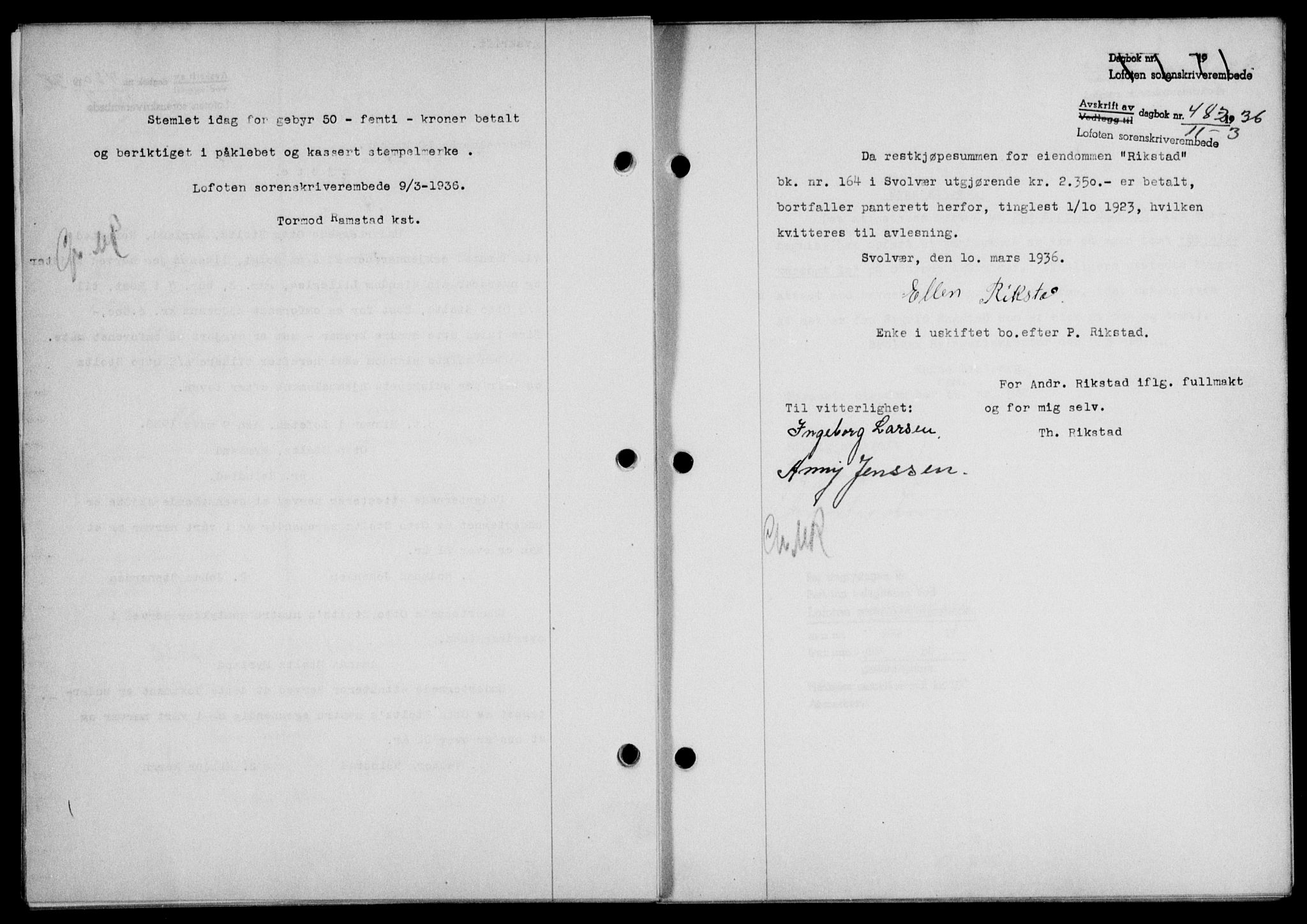 Lofoten sorenskriveri, SAT/A-0017/1/2/2C/L0033b: Mortgage book no. 33b, 1936-1936, Diary no: : 482/1936