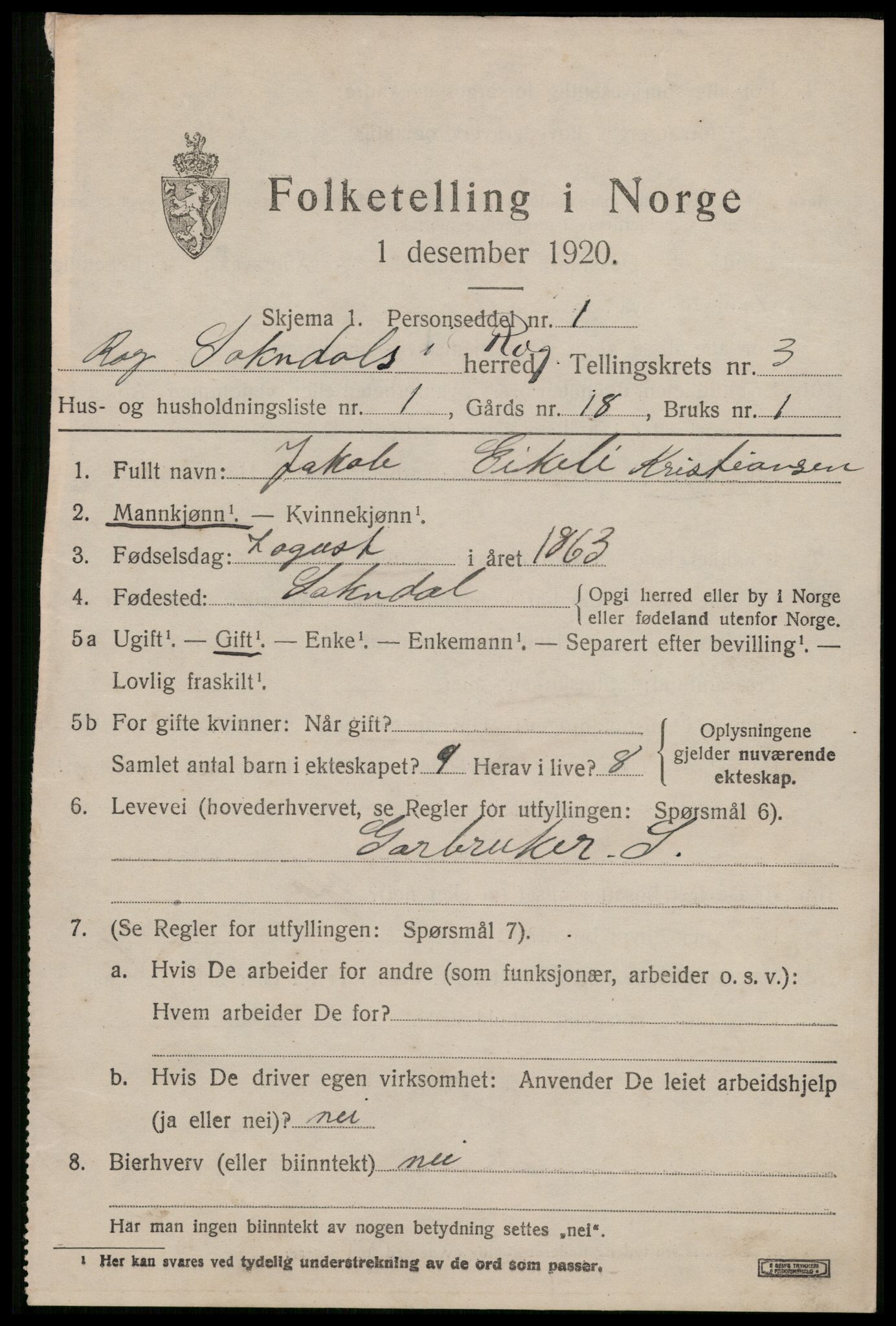 SAST, 1920 census for Sokndal, 1920, p. 2097