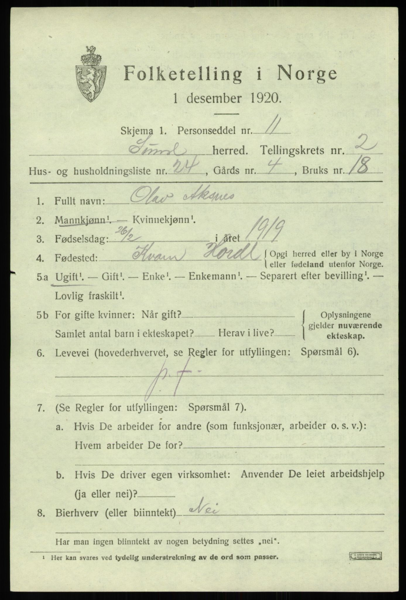 SAB, 1920 census for Sund, 1920, p. 1819