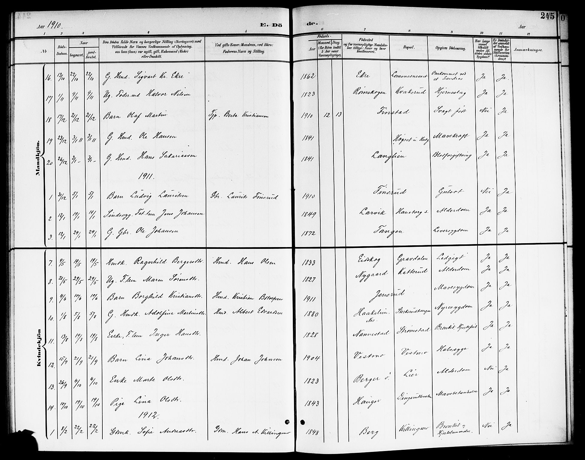 Aurskog prestekontor Kirkebøker, SAO/A-10304a/G/Ga/L0004: Parish register (copy) no. I 4, 1901-1921, p. 245
