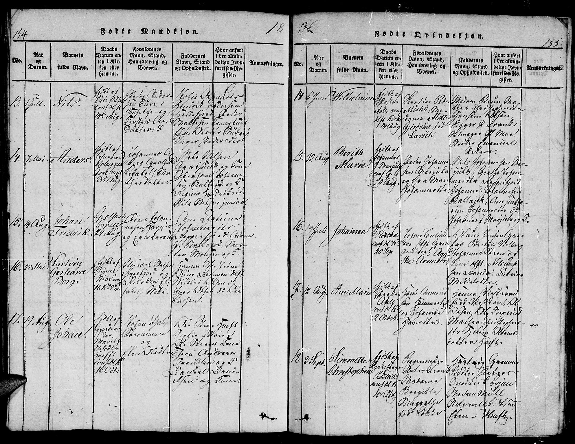 Hammerfest sokneprestkontor, AV/SATØ-S-1347/H/Hb/L0001.klokk: Parish register (copy) no. 1, 1822-1850, p. 154-155