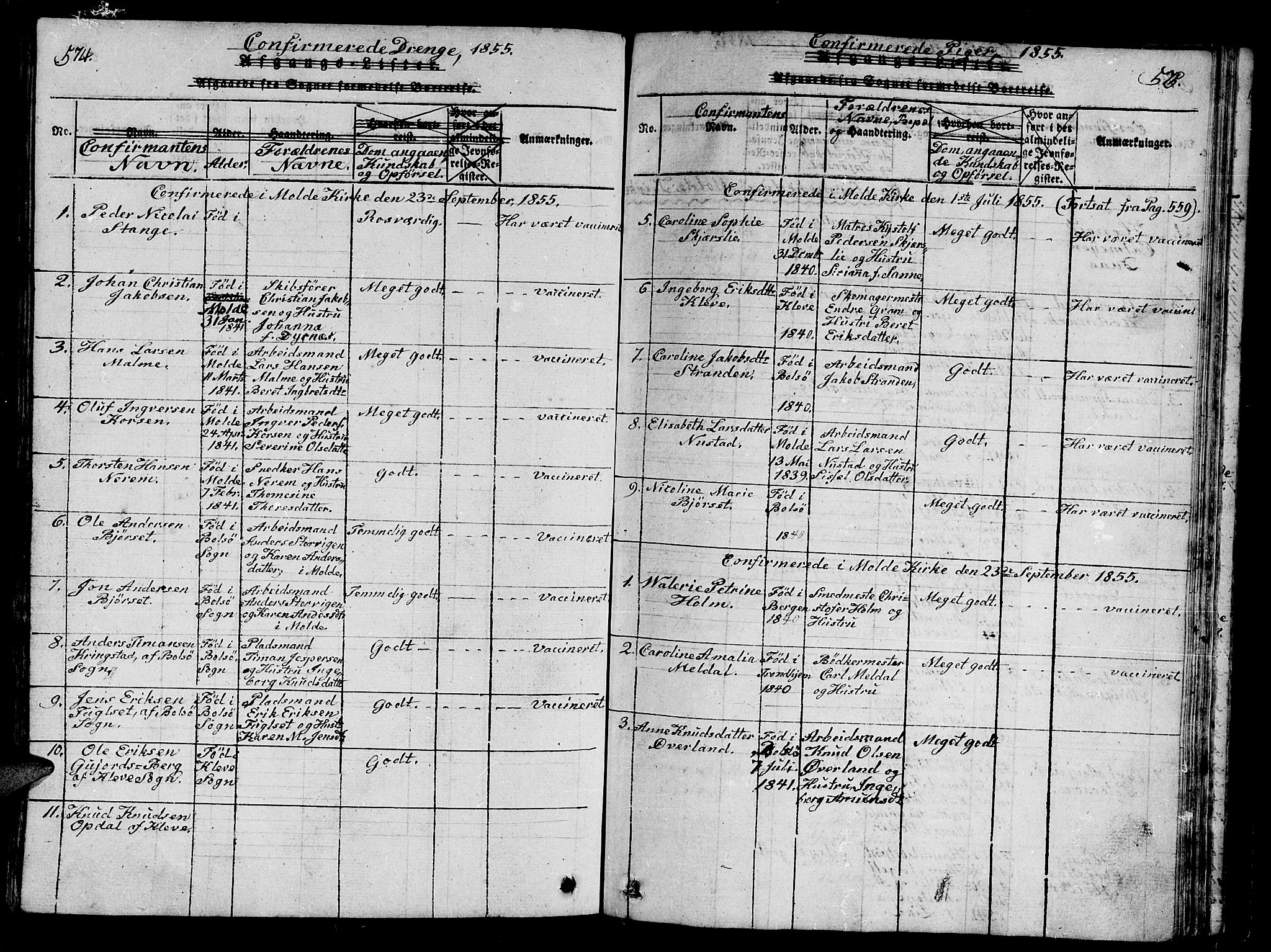 Ministerialprotokoller, klokkerbøker og fødselsregistre - Møre og Romsdal, SAT/A-1454/558/L0700: Parish register (copy) no. 558C01, 1818-1868, p. 574-575