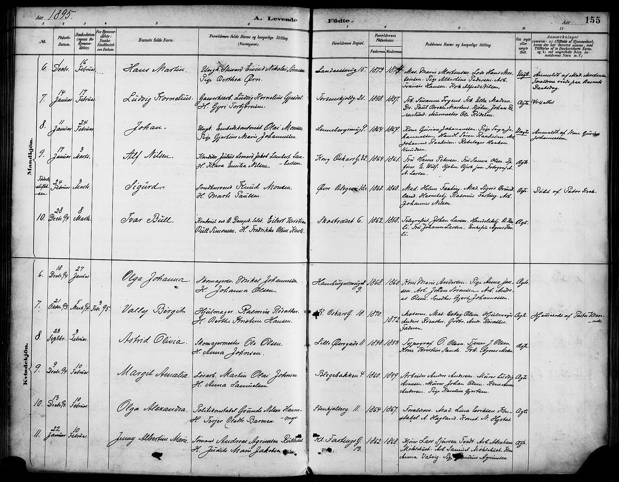 Korskirken sokneprestembete, AV/SAB-A-76101/H/Haa/L0022: Parish register (official) no. B 8, 1889-1899, p. 155