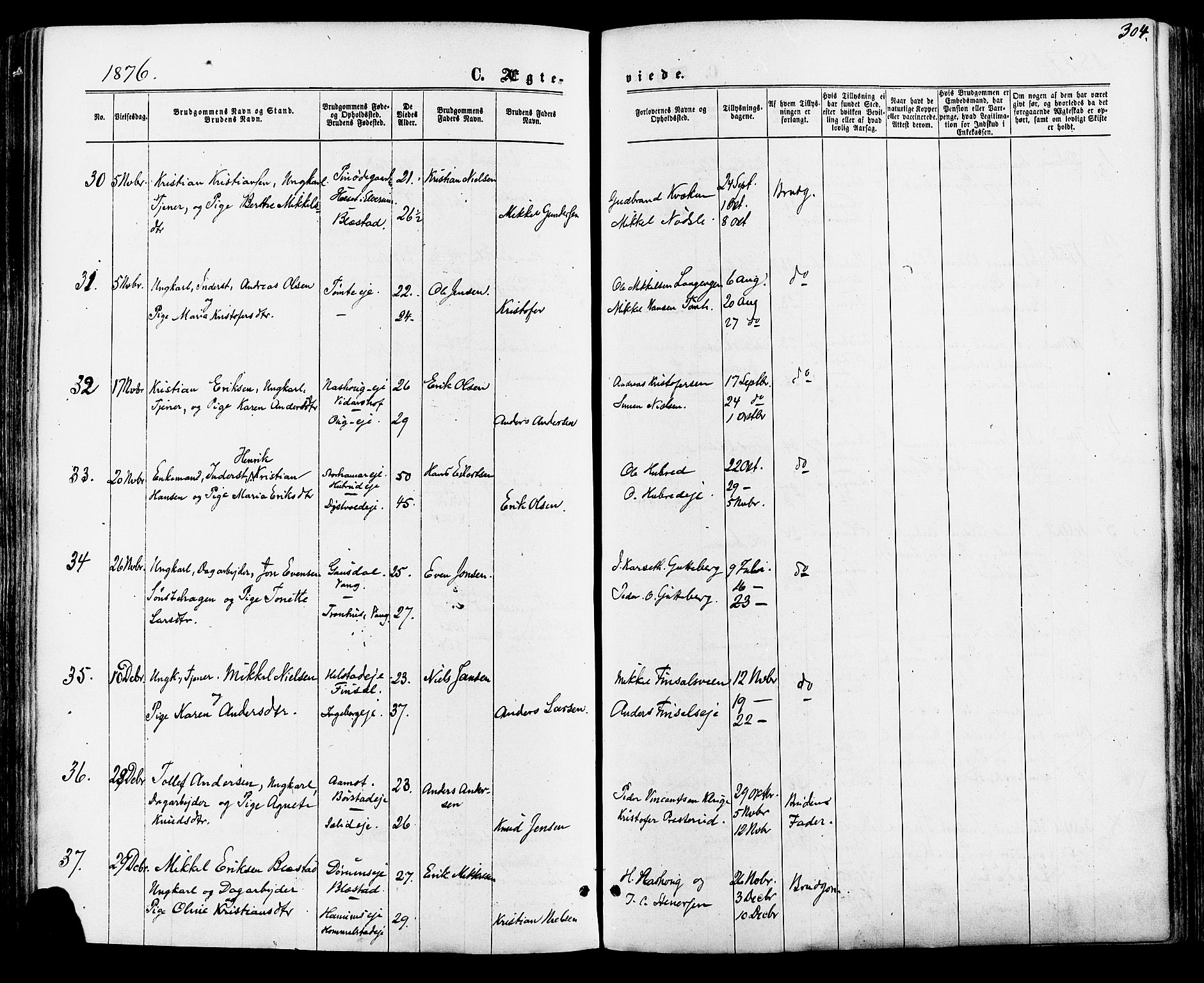 Vang prestekontor, Hedmark, AV/SAH-PREST-008/H/Ha/Haa/L0015: Parish register (official) no. 15, 1871-1885, p. 304