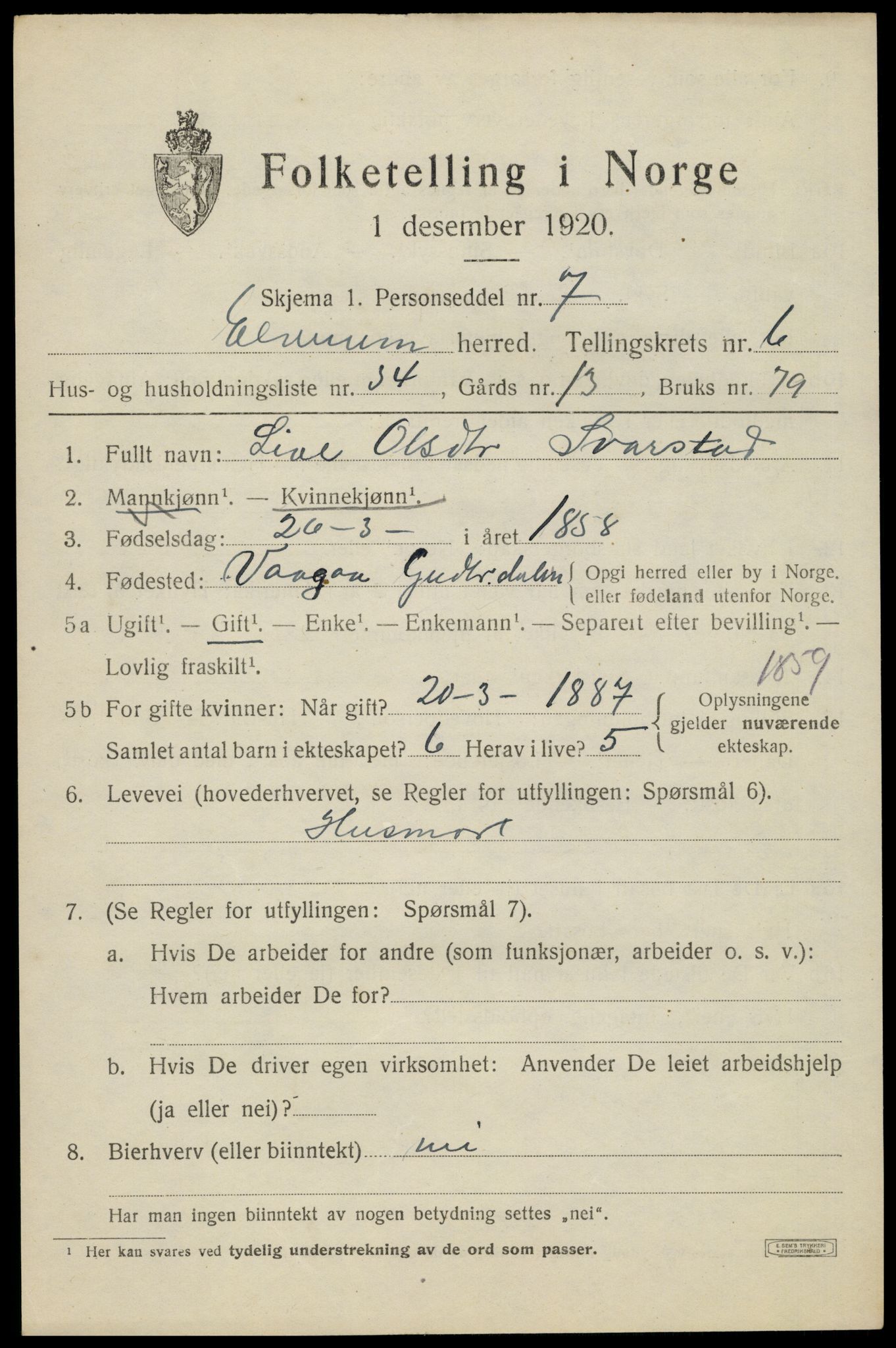 SAH, 1920 census for Elverum, 1920, p. 9698