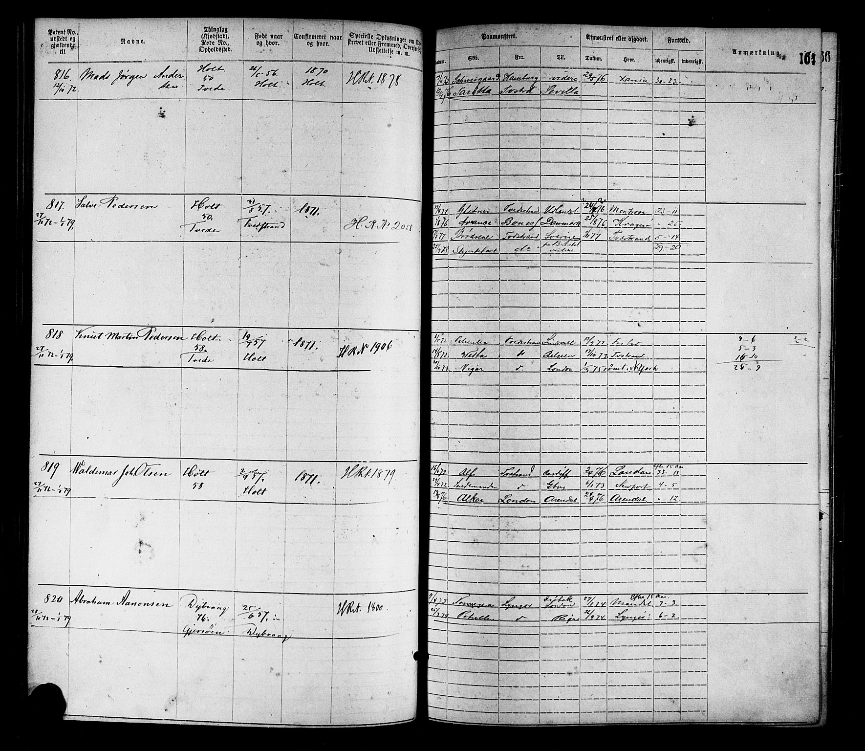 Tvedestrand mønstringskrets, SAK/2031-0011/F/Fa/L0001: Annotasjonsrulle nr 1-1905 med register, R-1, 1866-1886, p. 185