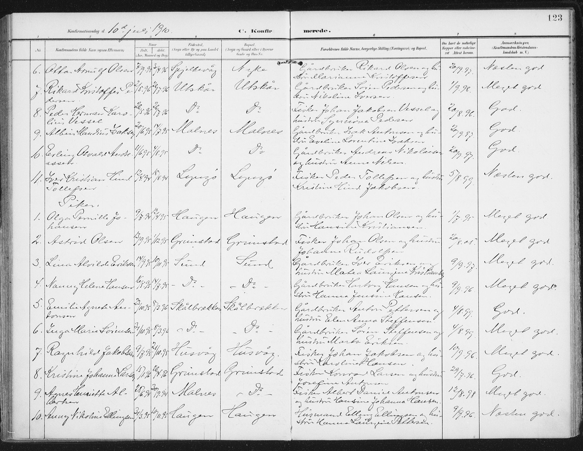 Ministerialprotokoller, klokkerbøker og fødselsregistre - Nordland, AV/SAT-A-1459/892/L1321: Parish register (official) no. 892A02, 1902-1918, p. 123