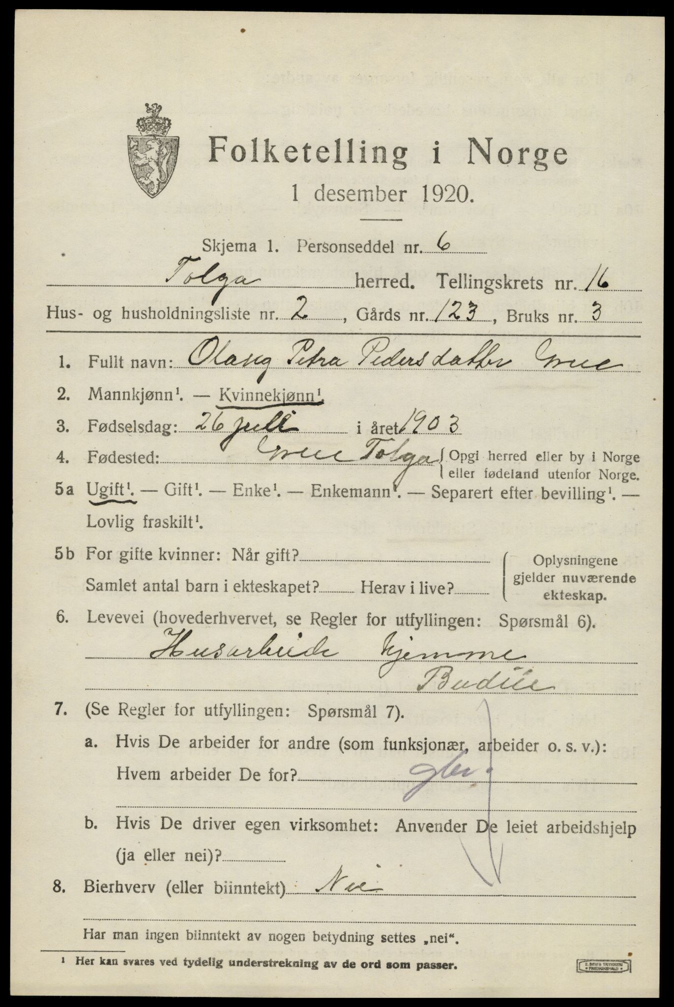 SAH, 1920 census for Tolga, 1920, p. 7395