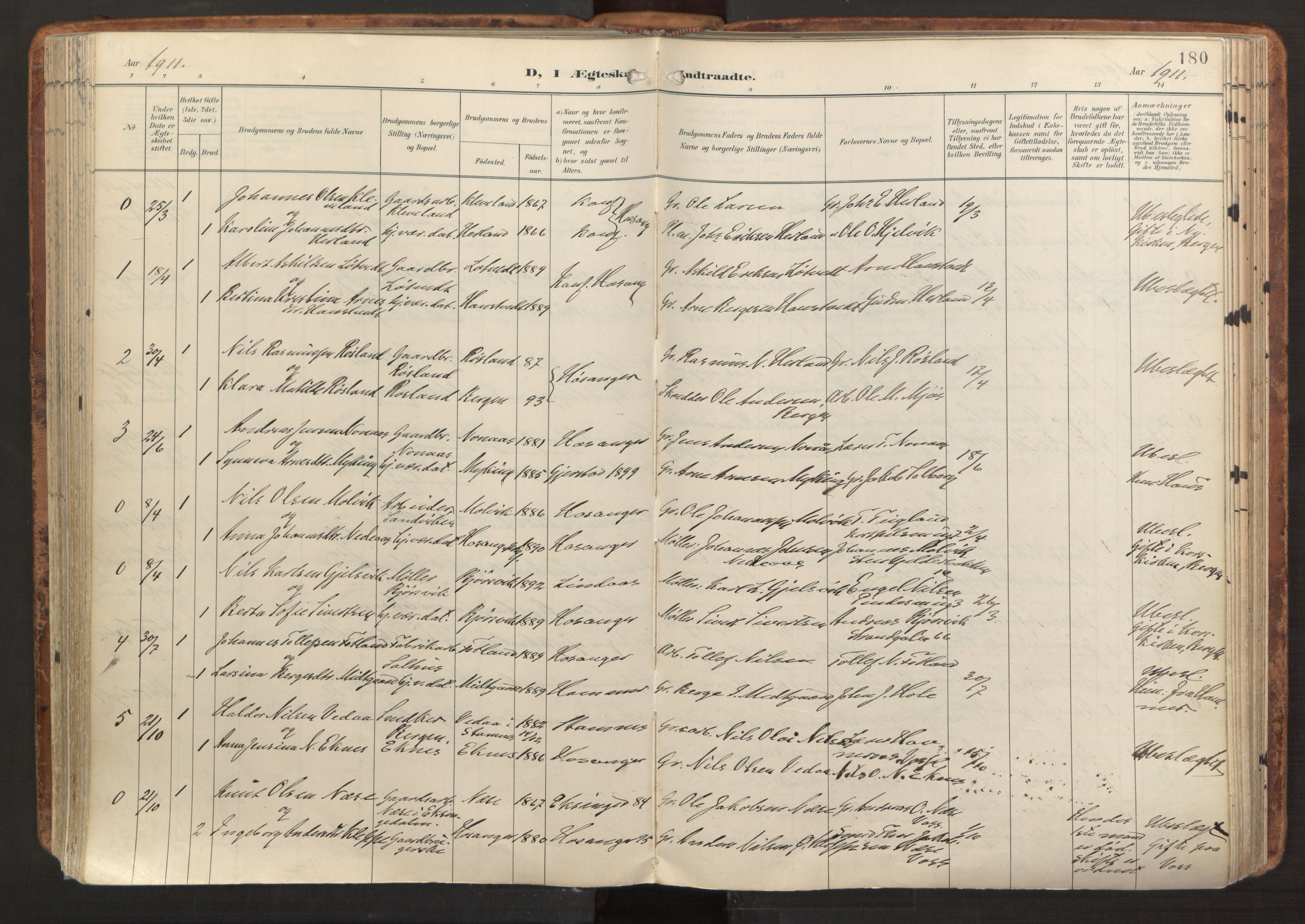 Hosanger sokneprestembete, AV/SAB-A-75801/H/Haa: Parish register (official) no. B 2, 1897-1923, p. 180