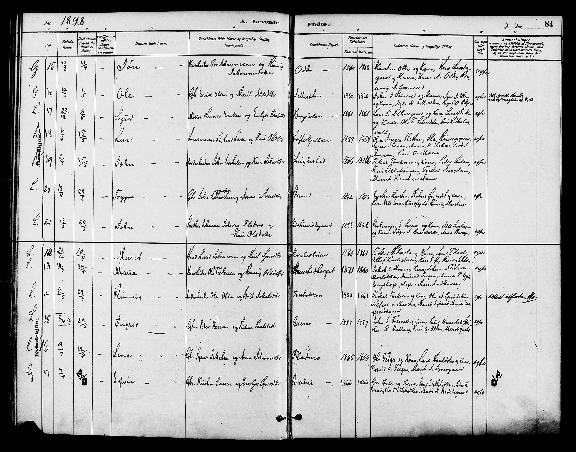 Lom prestekontor, AV/SAH-PREST-070/K/L0008: Parish register (official) no. 8, 1885-1898, p. 84